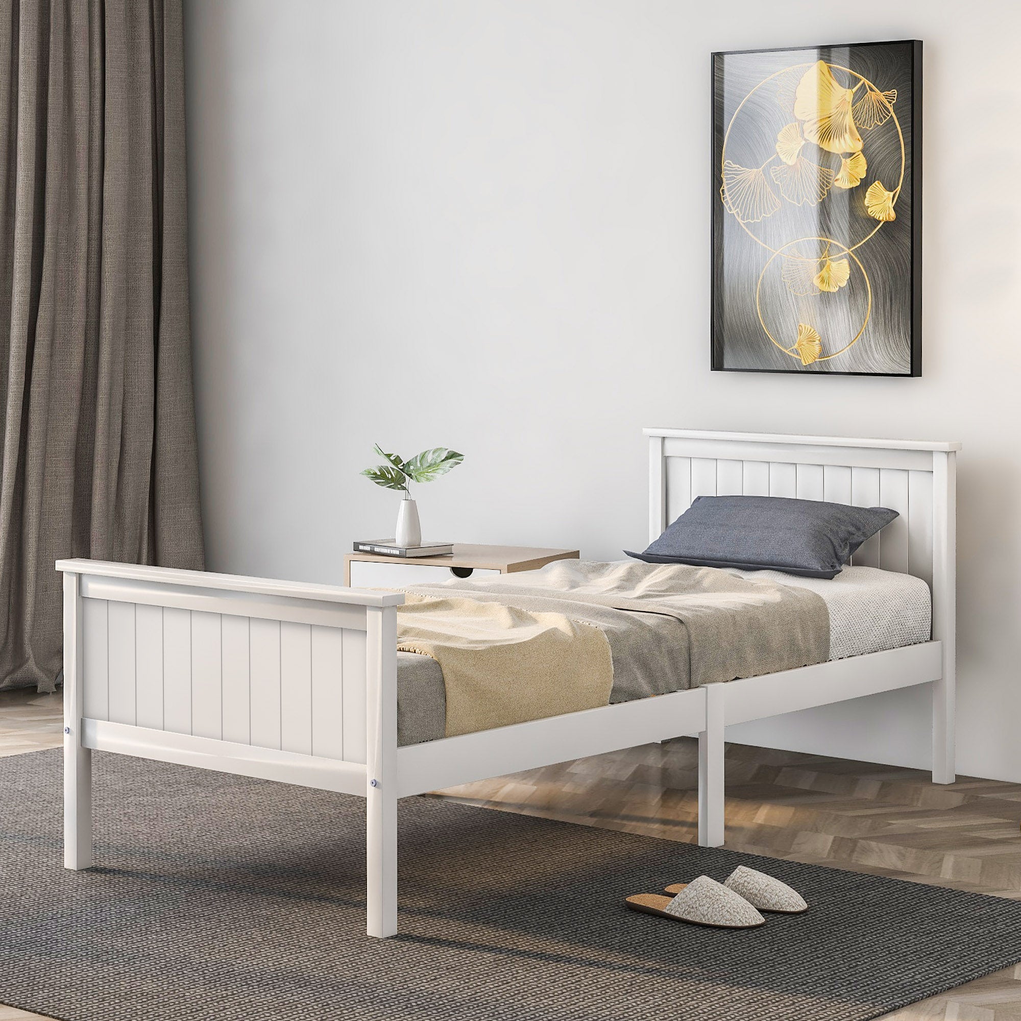 Wooden Bed Frame with Headboard and Footboard, Pine Wood Bed for Kids Bedroom, Ivory