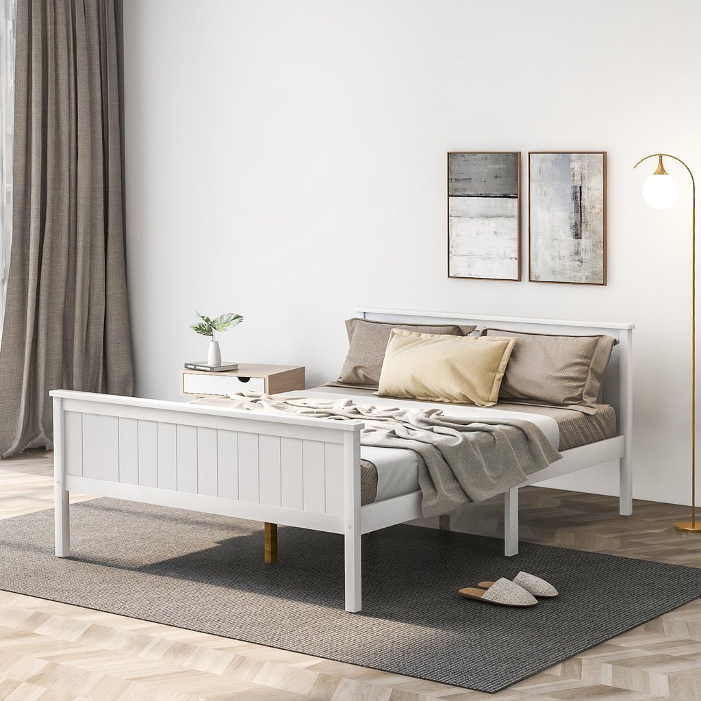 Wooden Bed Frame with Headboard and Footboard, Pine Wood Bed for Kids Bedroom, Ivory