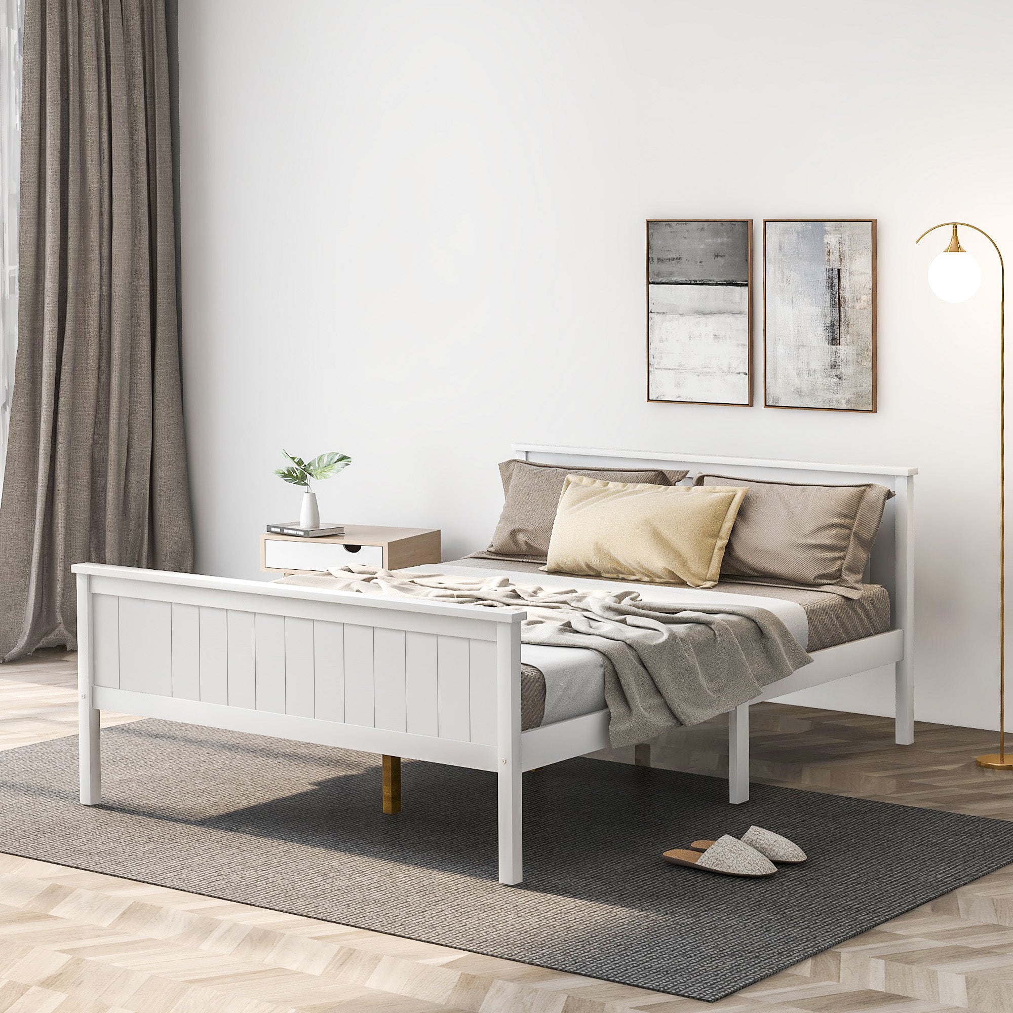Wooden Bed Frame with Headboard and Footboard, Pine Wood Bed for Kids Bedroom, Ivory