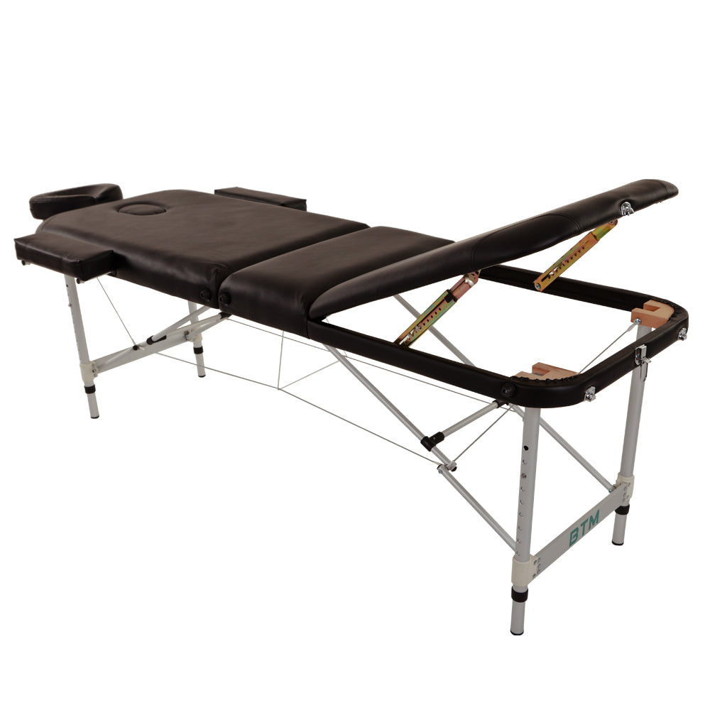 Massage Table Couch Bed Aluminium Tattoo Spa Reiki Portable Folded 3 Section with Premium PU Leather and 5 cm High Density Multi-Layer Foam Headrest Arm support and Carrying Bag Black