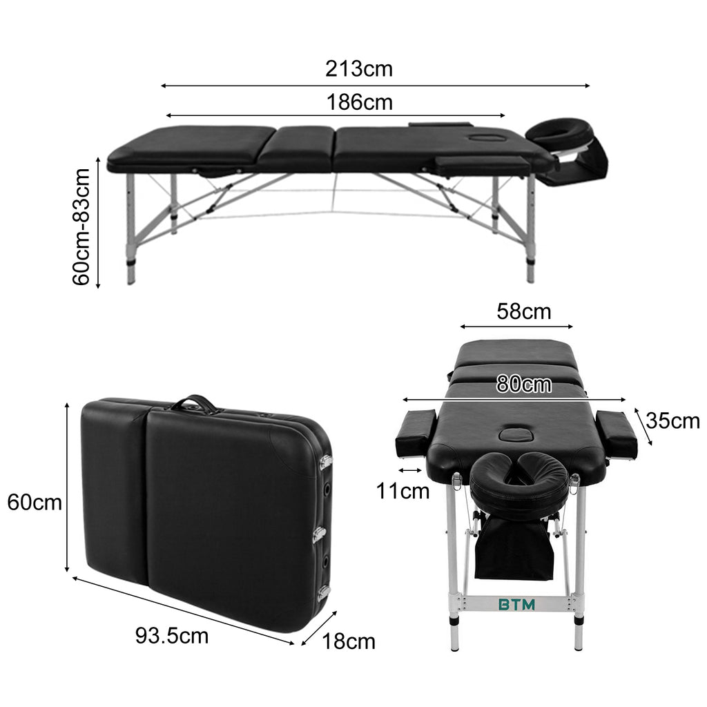 Massage Table Couch Bed Aluminium Tattoo Spa Reiki Portable Folded 3 Section with Premium PU Leather and 5 cm High Density Multi-Layer Foam Headrest Arm support and Carrying Bag Black