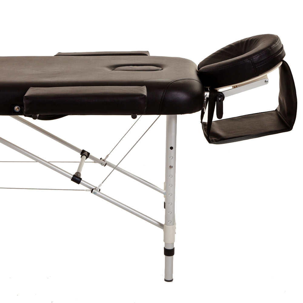 Massage Table Couch Bed Aluminium Tattoo Spa Reiki Portable Folded 3 Section with Premium PU Leather and 5 cm High Density Multi-Layer Foam Headrest Arm support and Carrying Bag Black