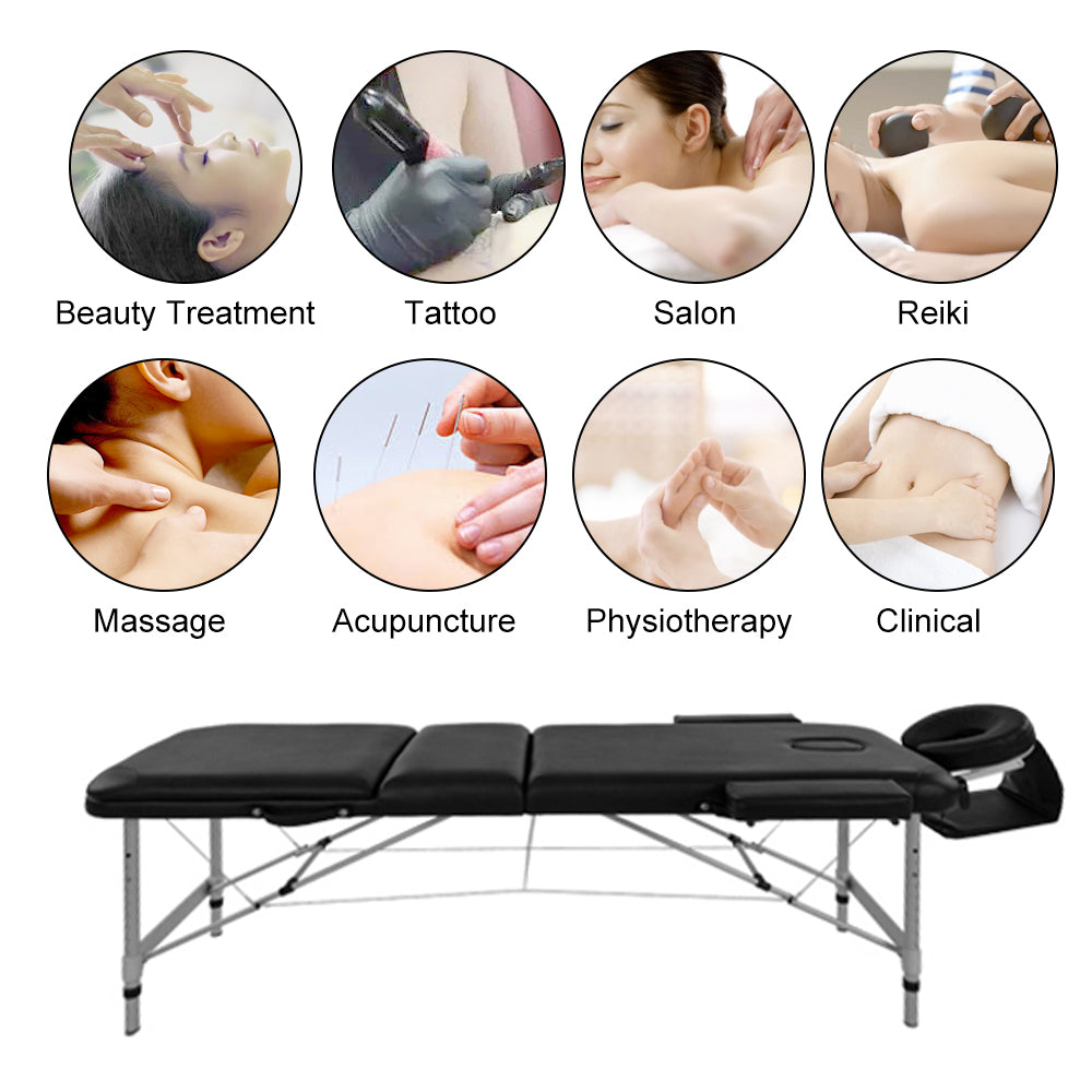 Massage Table Couch Bed Aluminium Tattoo Spa Reiki Portable Folded 3 Section with Premium PU Leather and 5 cm High Density Multi-Layer Foam Headrest Arm support and Carrying Bag Black
