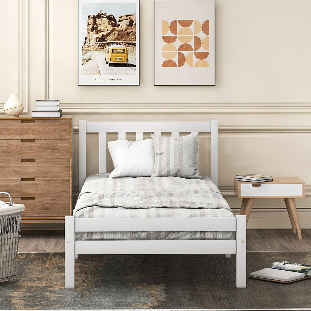 Wooden Bed Frame, Single Bed 3ft Solid Wooden Bed Frame, Bedroom Furniture for Adults, Kids, Teenagers, 90 x 190 cm (White)