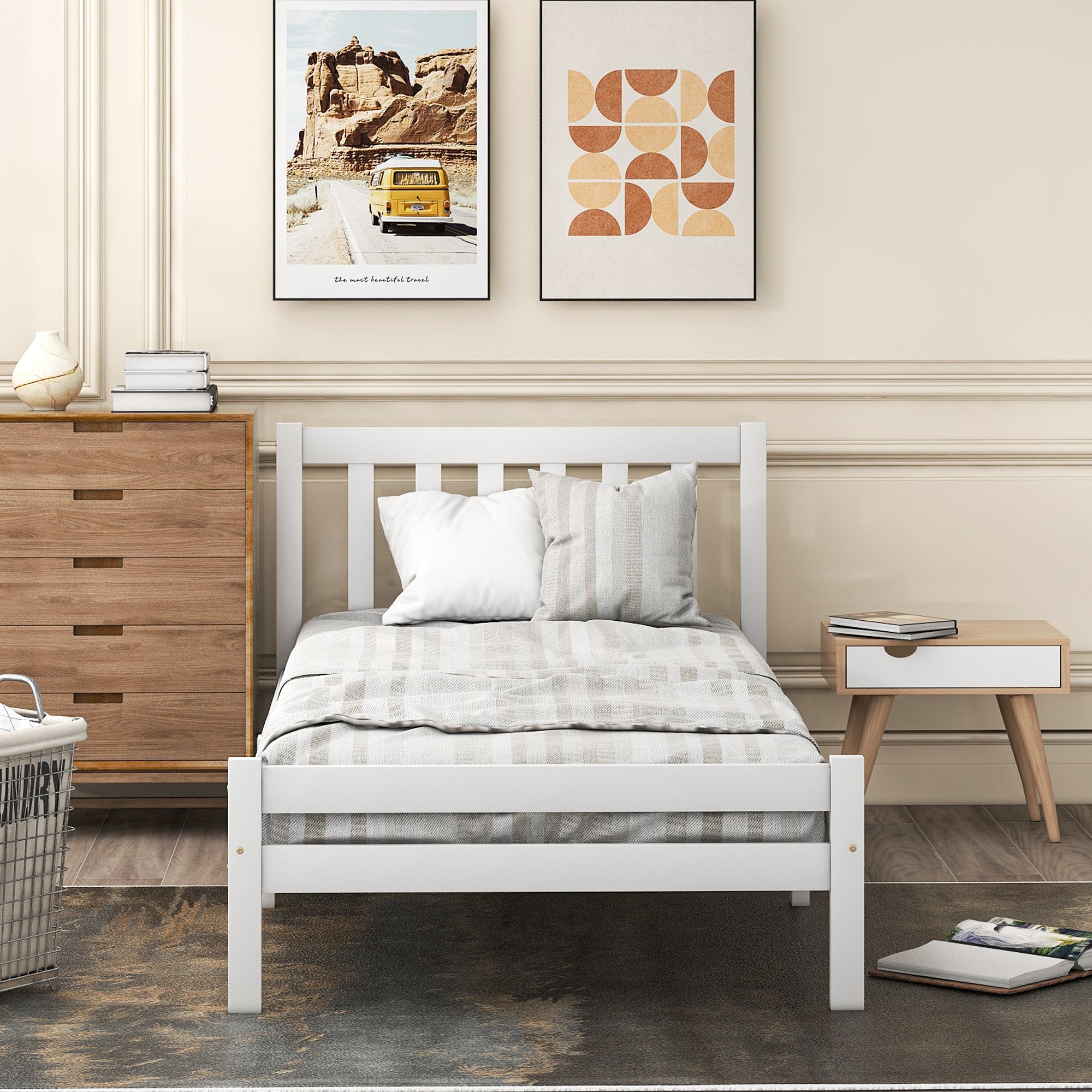 Wooden Bed Frame, Single Bed 3ft Solid Wooden Bed Frame, Bedroom Furniture for Adults, Kids, Teenagers, 90 x 190 cm (White)