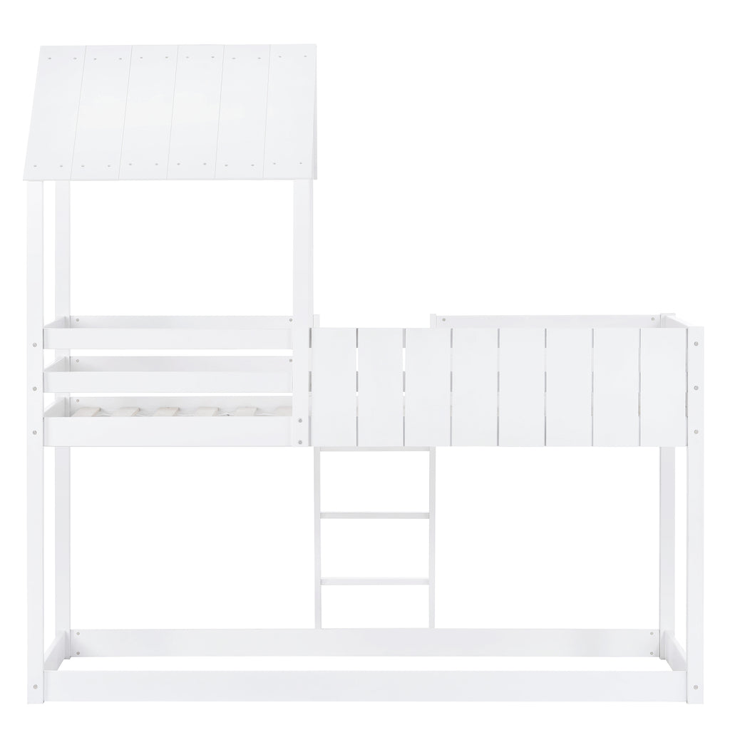 Wooden Bunk Bed, Loft Bed with Ladder and Guard Rail, Mid-Sleeper Cabin Bed, 3 FT Single Tree House Canopy,  Shaped with Space-Saving Design for Children & Kids Home (White-90*190 cm)