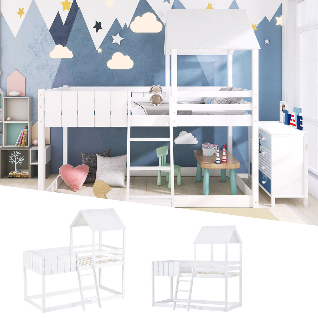 Wooden Bunk Bed, Loft Bed with Ladder and Guard Rail, Mid-Sleeper Cabin Bed, 3 FT Single Tree House Canopy,  Shaped with Space-Saving Design for Children & Kids Home (White-90*190 cm)
