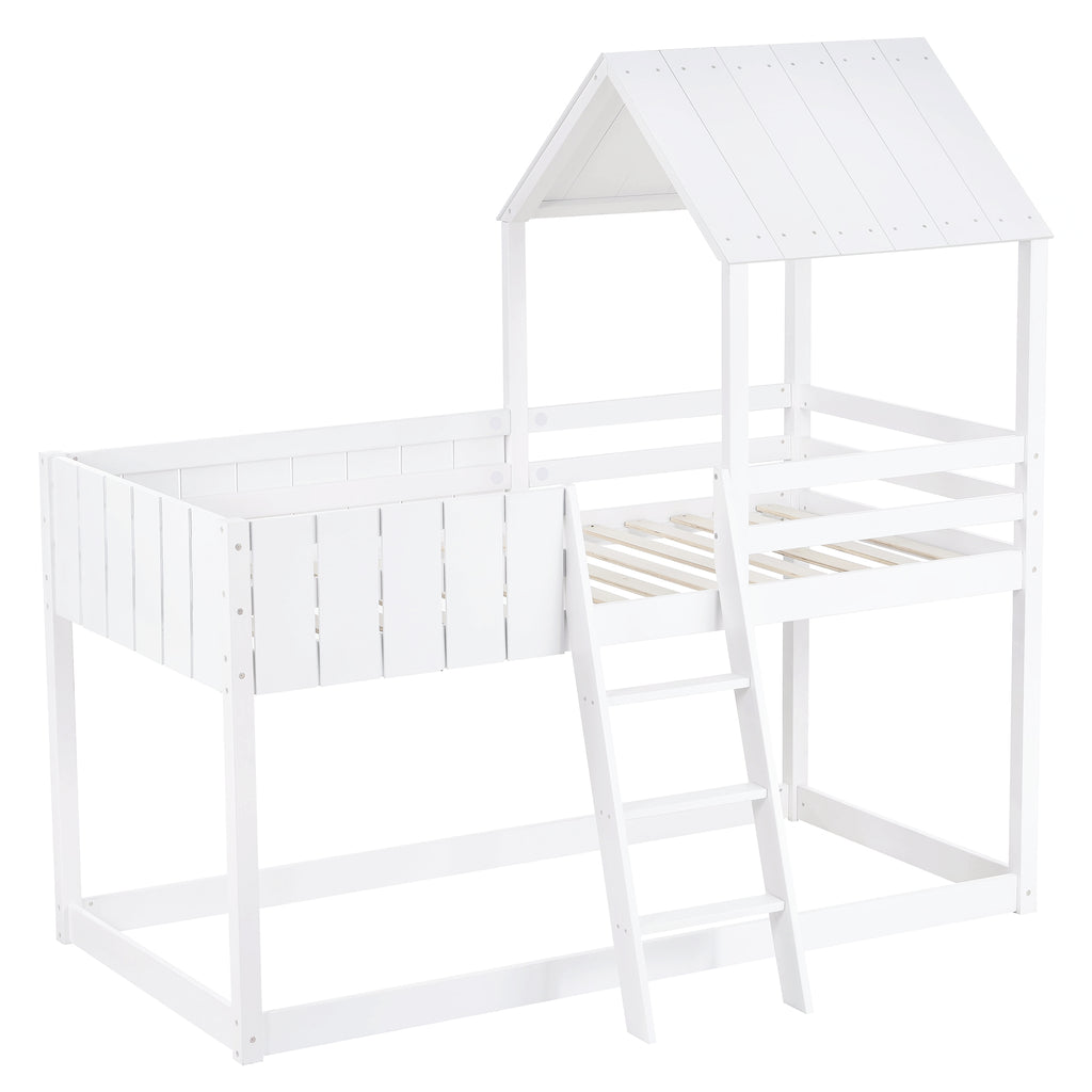 Wooden Bunk Bed, Loft Bed with Ladder and Guard Rail, Mid-Sleeper Cabin Bed, 3 FT Single Tree House Canopy,  Shaped with Space-Saving Design for Children & Kids Home (White-90*190 cm)