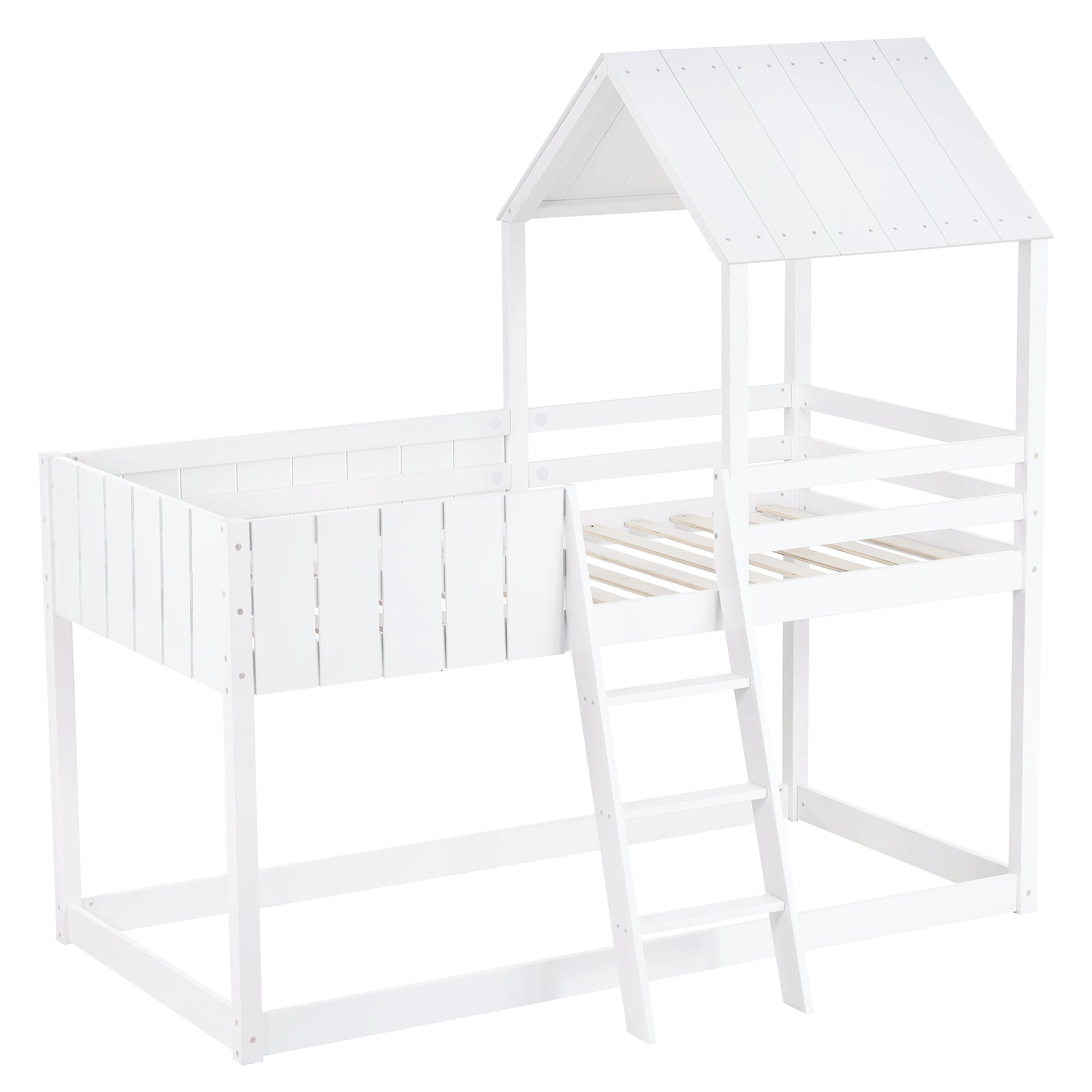 Wooden Bunk Bed, Loft Bed with Ladder and Guard Rail, Mid-Sleeper Cabin Bed, 3 FT Single Tree House Canopy,  Shaped with Space-Saving Design for Children & Kids Home (White-90*190 cm)