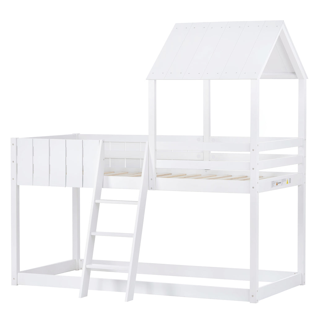 Wooden Bunk Bed, Loft Bed with Ladder and Guard Rail, Mid-Sleeper Cabin Bed, 3 FT Single Tree House Canopy,  Shaped with Space-Saving Design for Children & Kids Home (White-90*190 cm)
