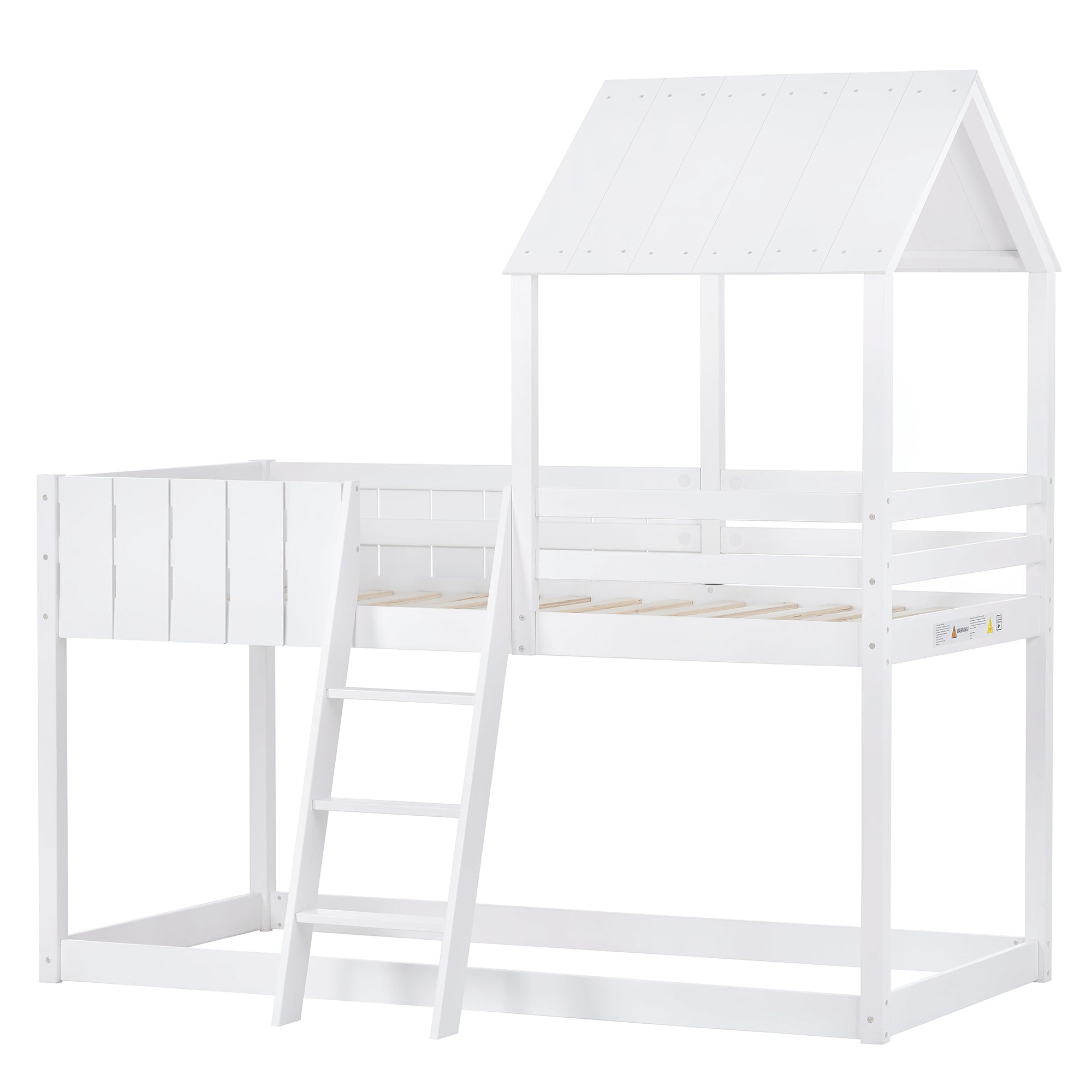 Wooden Bunk Bed, Loft Bed with Ladder and Guard Rail, Mid-Sleeper Cabin Bed, 3 FT Single Tree House Canopy,  Shaped with Space-Saving Design for Children & Kids Home (White-90*190 cm)