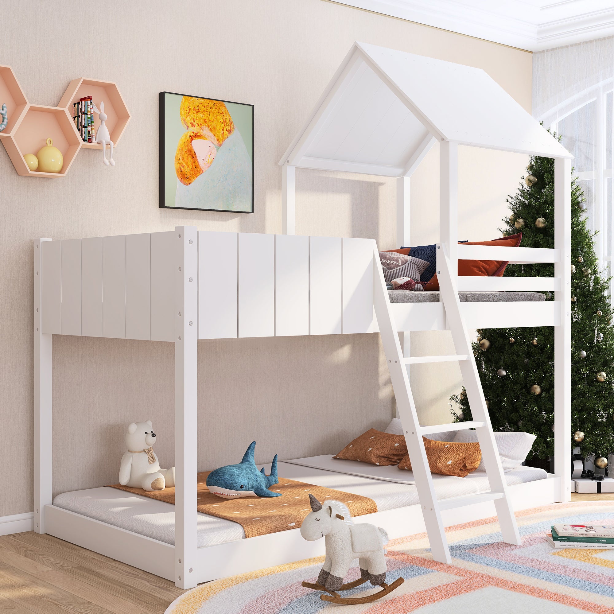 Wooden Bunk Bed, Loft Bed with Ladder and Guard Rail, Mid-Sleeper Cabin Bed, 3 FT Single Tree House Canopy,  Shaped with Space-Saving Design for Children & Kids Home (White-90*190 cm)