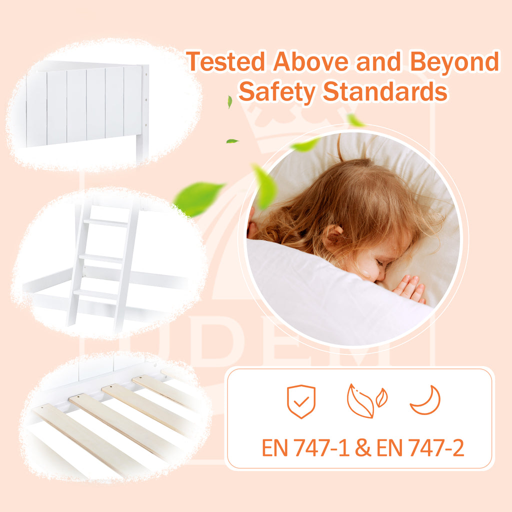 Wooden Bunk Bed, Loft Bed with Ladder and Guard Rail, Mid-Sleeper Cabin Bed, 3 FT Single Tree House Canopy,  Shaped with Space-Saving Design for Children & Kids Home (White-90*190 cm)