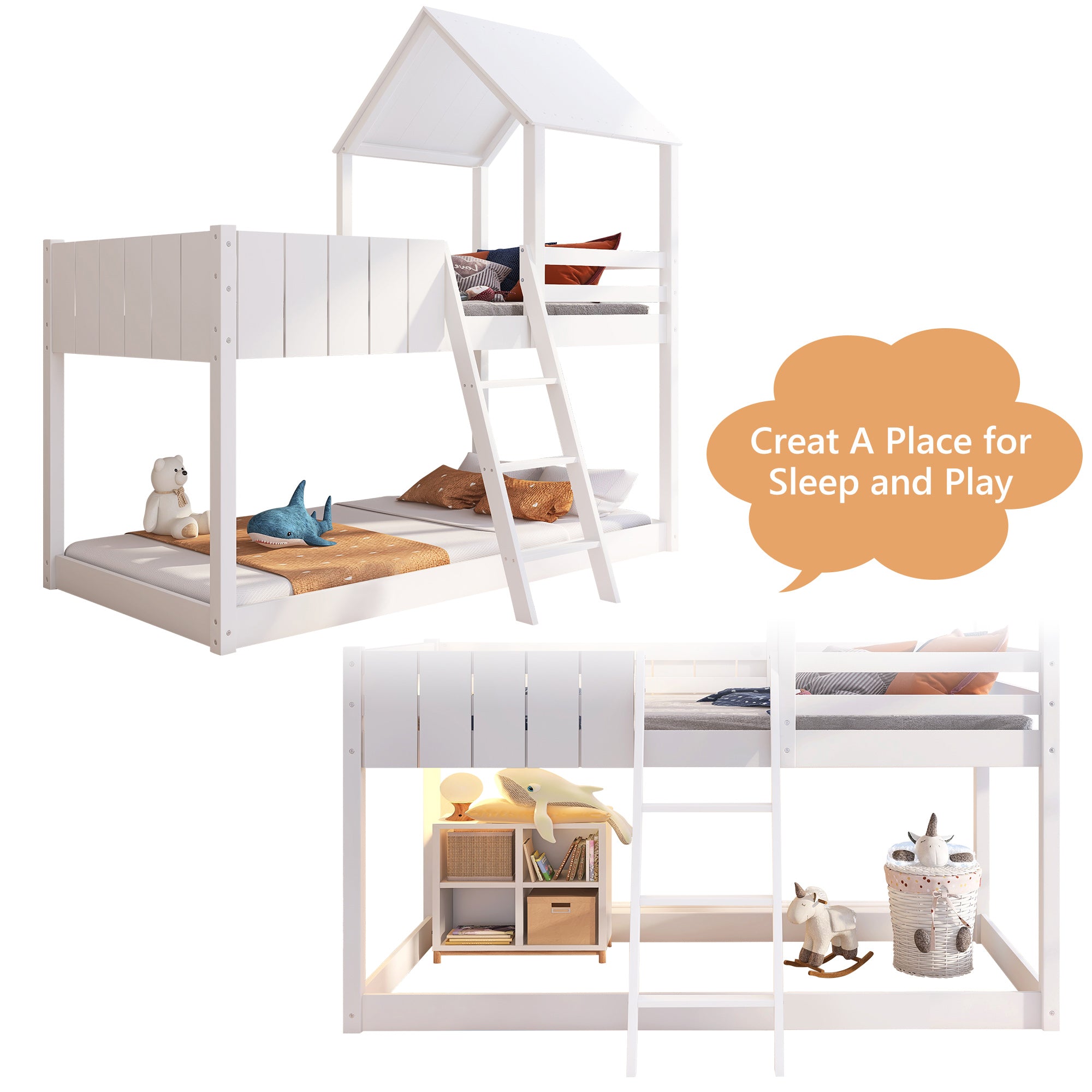 Wooden Bunk Bed, Loft Bed with Ladder and Guard Rail, Mid-Sleeper Cabin Bed, 3 FT Single Tree House Canopy,  Shaped with Space-Saving Design for Children & Kids Home (White-90*190 cm)