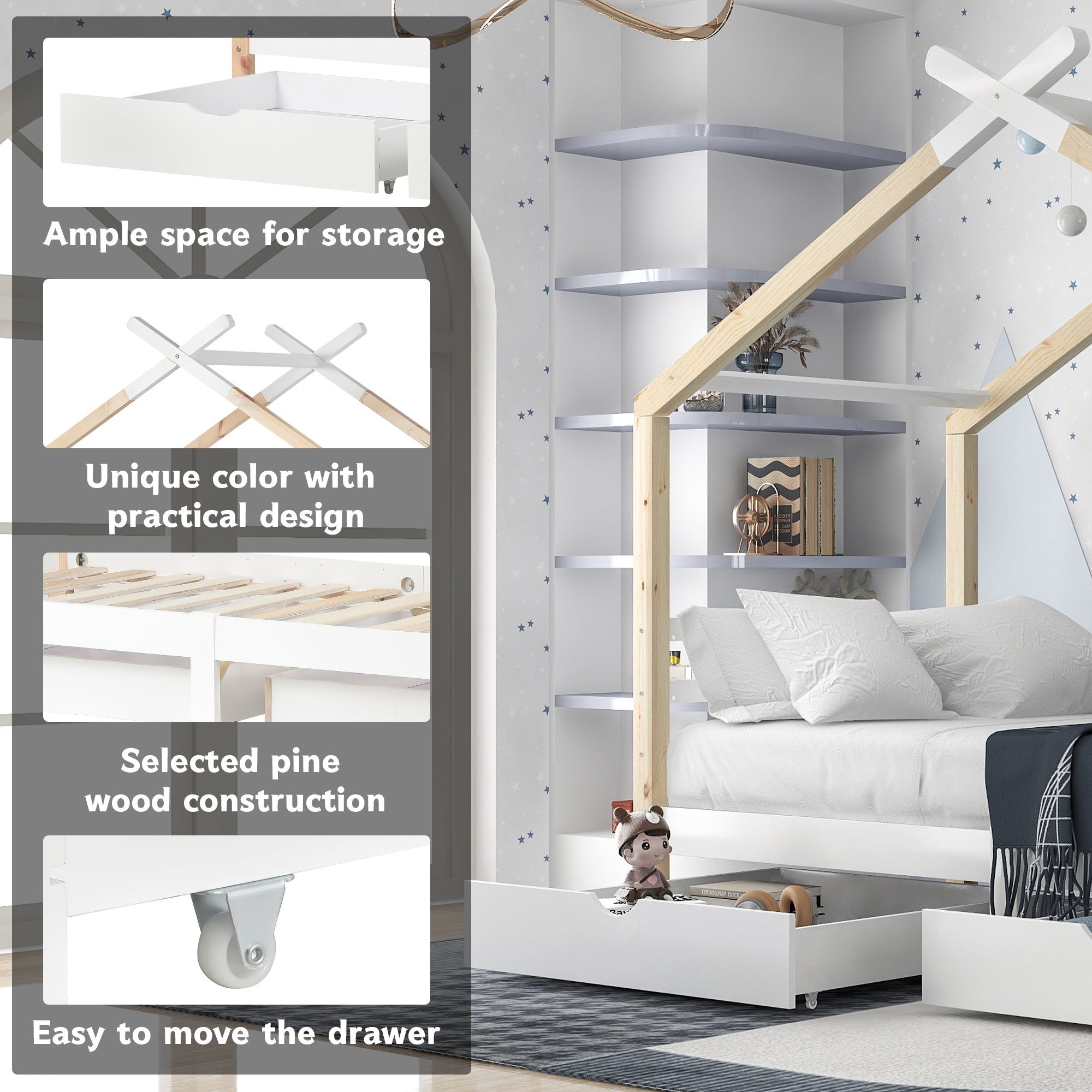 Kids Single Bed Frames Toddler Beds Storage Underneath 3FT Single Bed with Storage Solid Pine Wood House Tree Canopy Bed for Children Girls and Boys Toddler Bed (Wood)