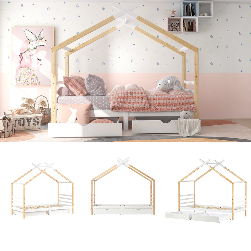 Kids Single Bed Frames Toddler Beds Storage Underneath 3FT Single Bed with Storage Solid Pine Wood House Tree Canopy Bed for Children Girls and Boys Toddler Bed (Wood)
