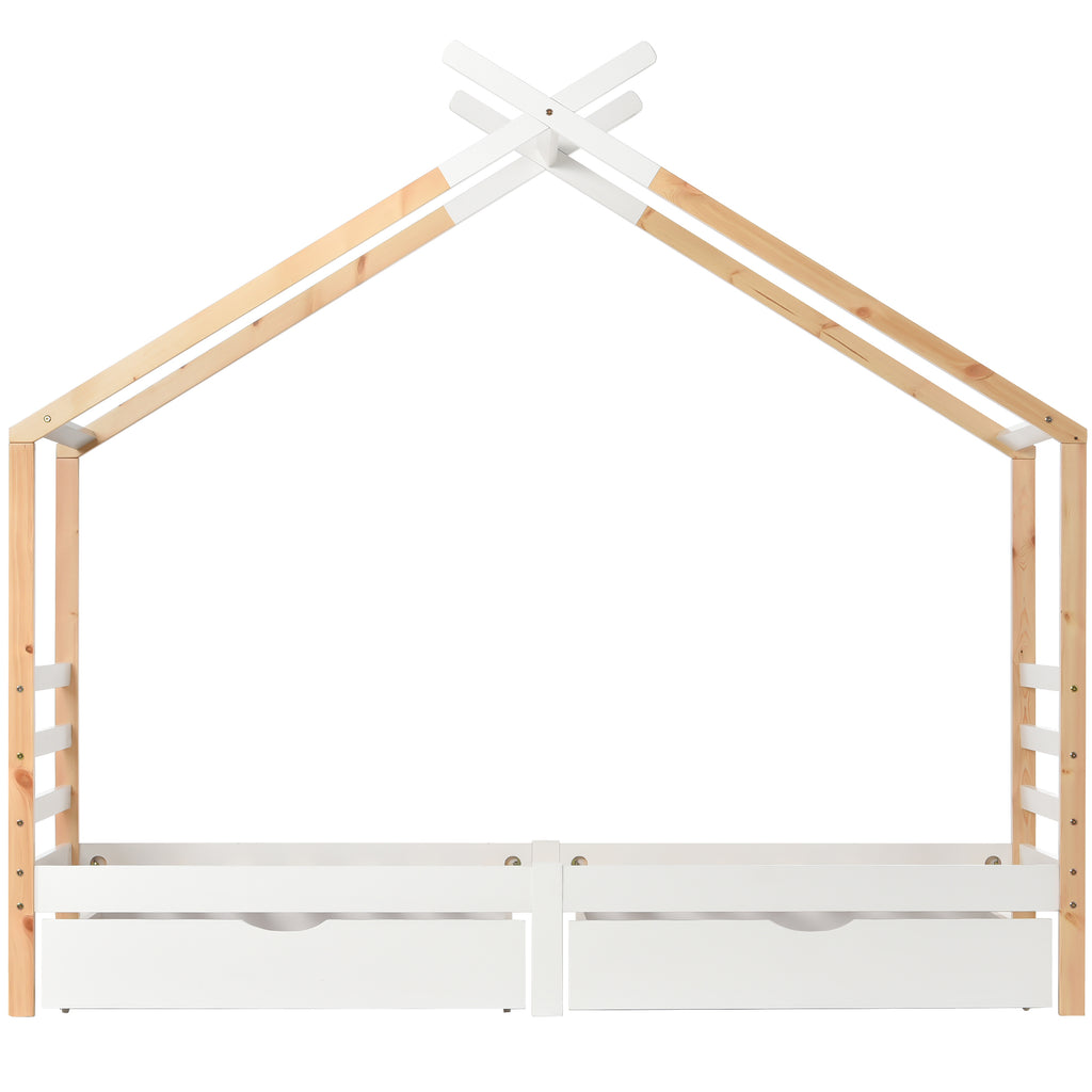 Kids Single Bed Frames Toddler Beds Storage Underneath 3FT Single Bed with Storage Solid Pine Wood House Tree Canopy Bed for Children Girls and Boys Toddler Bed (Wood)
