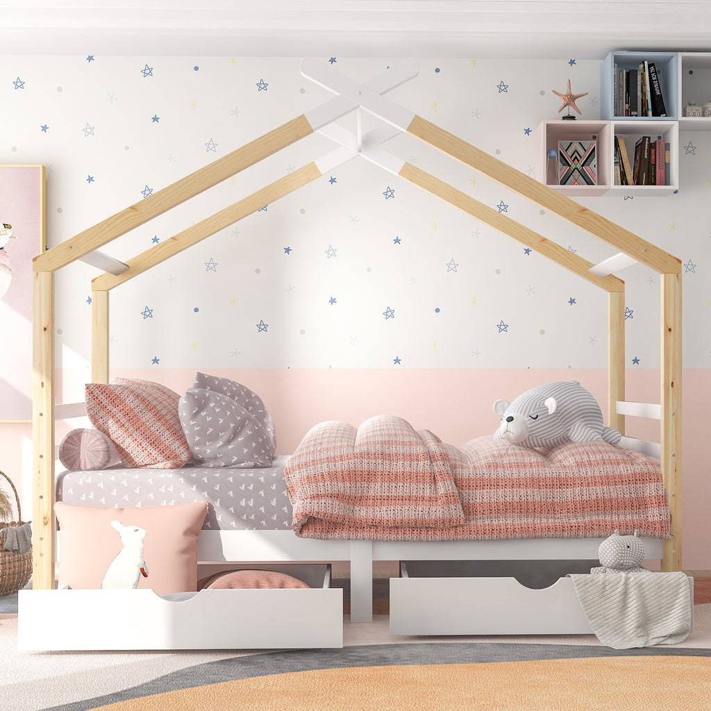 Kids Single Bed Frames Toddler Beds Storage Underneath 3FT Single Bed with Storage Solid Pine Wood House Tree Canopy Bed for Children Girls and Boys Toddler Bed (Wood)