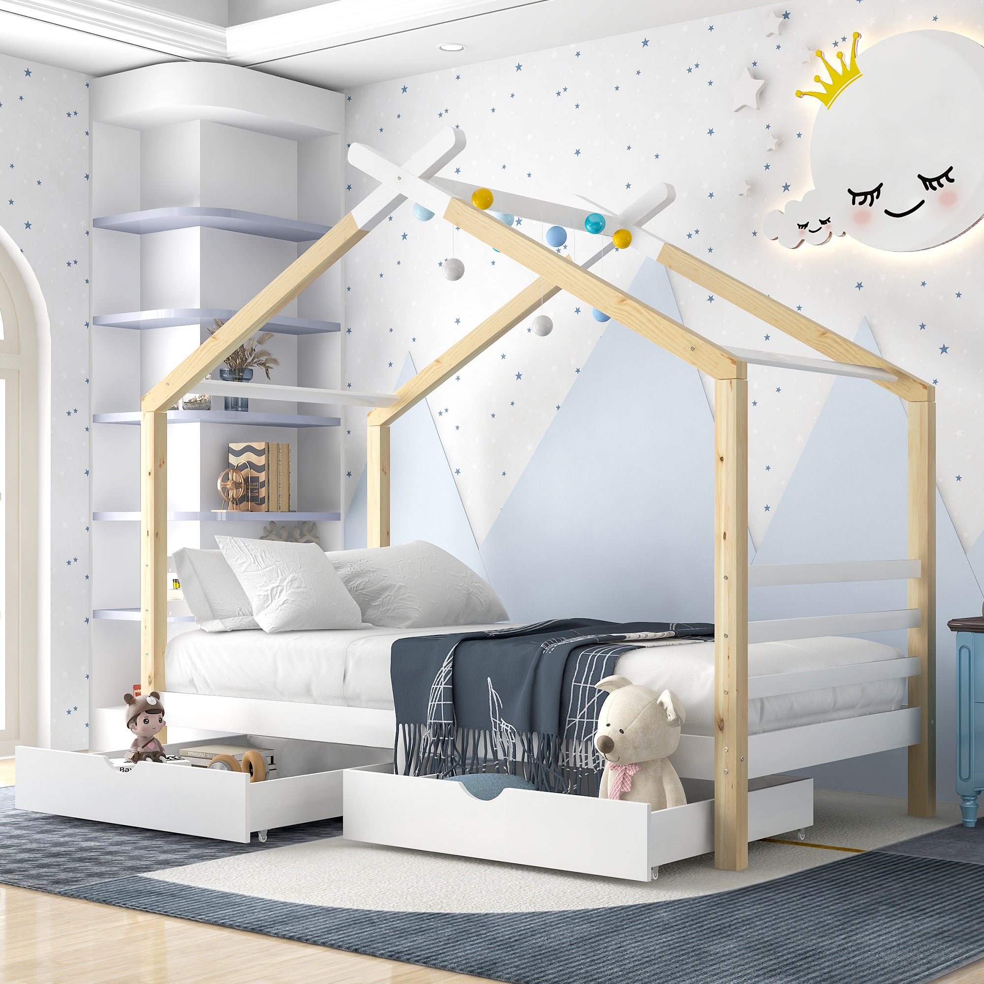 Kids Single Bed Frames Toddler Beds Storage Underneath 3FT Single Bed with Storage Solid Pine Wood House Tree Canopy Bed for Children Girls and Boys Toddler Bed (Wood)