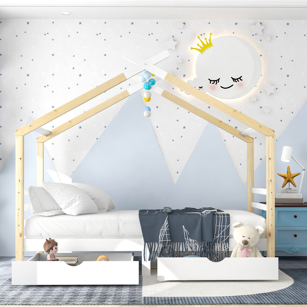 Kids Single Bed Frames Toddler Beds Storage Underneath 3FT Single Bed with Storage Solid Pine Wood House Tree Canopy Bed for Children Girls and Boys Toddler Bed (Wood)