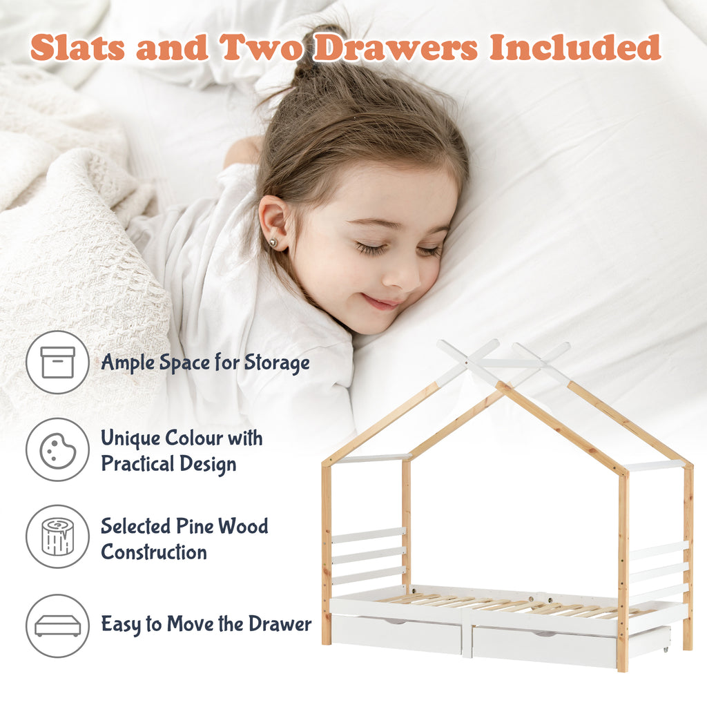 Kids Single Bed Frames Toddler Beds Storage Underneath 3FT Single Bed with Storage Solid Pine Wood House Tree Canopy Bed for Children Girls and Boys Toddler Bed (Wood)