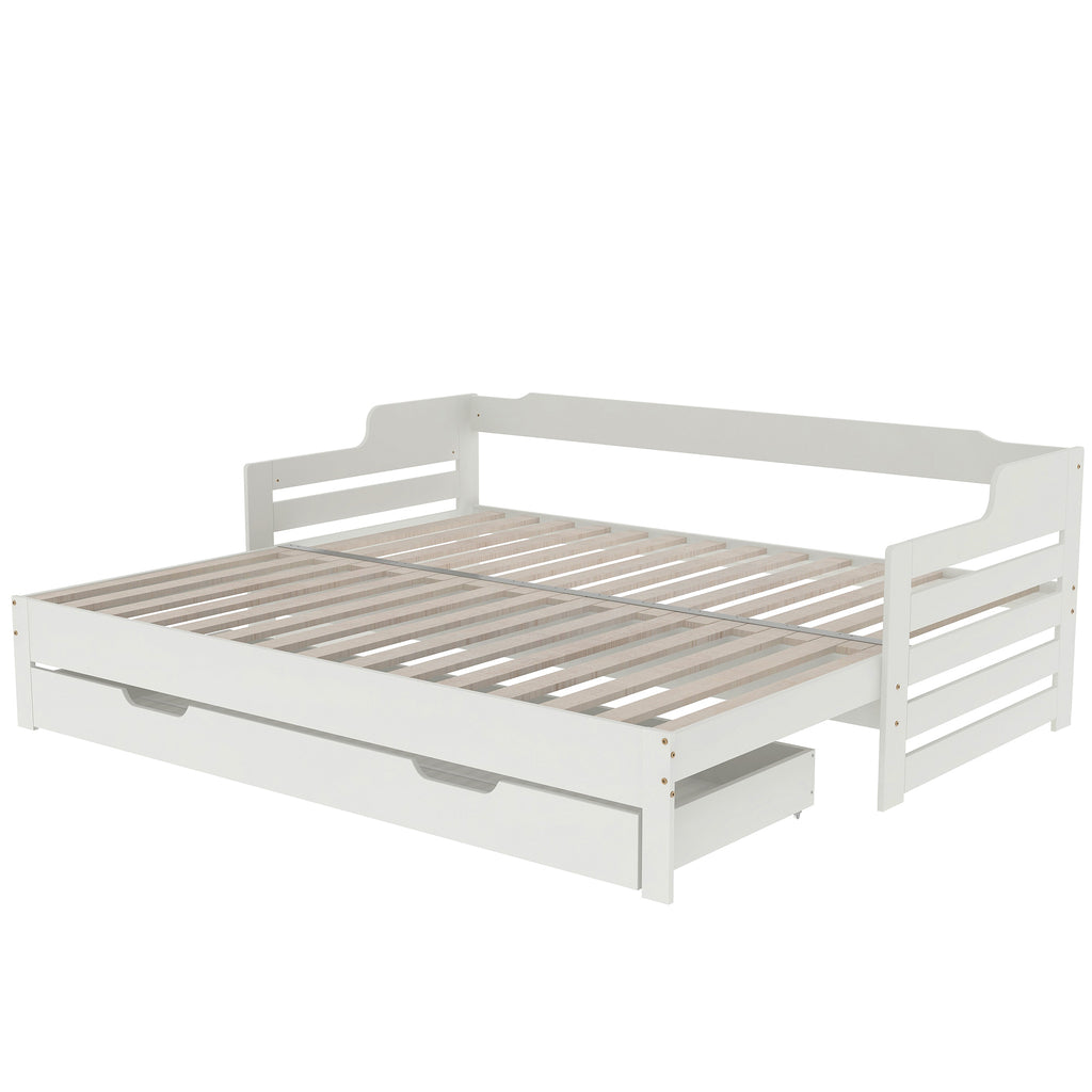 Daybed, Trundle and Drawer, Cabin Bed, SIngle Guest Bed Sofa Bed, Pull out Trundle and Storage Drawer for Living Room and Bedroom -  (3') 90 x190 cm - White