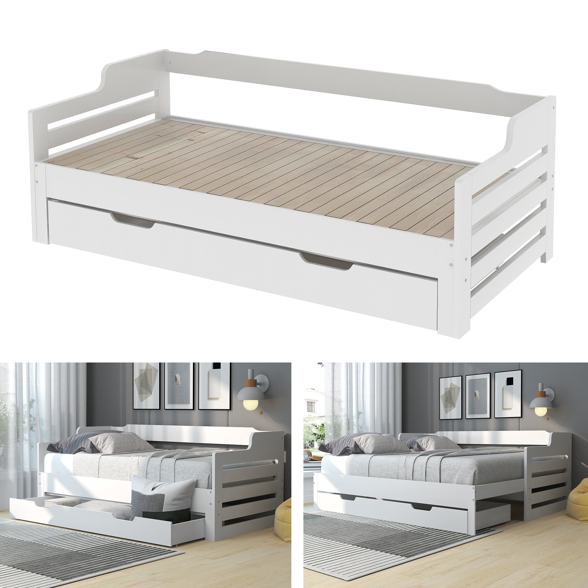 Daybed, Trundle and Drawer, Cabin Bed, SIngle Guest Bed Sofa Bed, Pull out Trundle and Storage Drawer for Living Room and Bedroom -  (3') 90 x190 cm - White