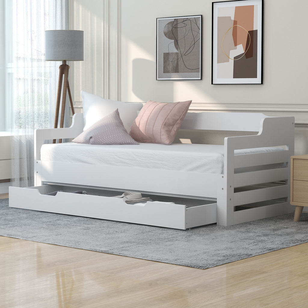 Daybed, Trundle and Drawer, Cabin Bed, SIngle Guest Bed Sofa Bed, Pull out Trundle and Storage Drawer for Living Room and Bedroom -  (3') 90 x190 cm - White