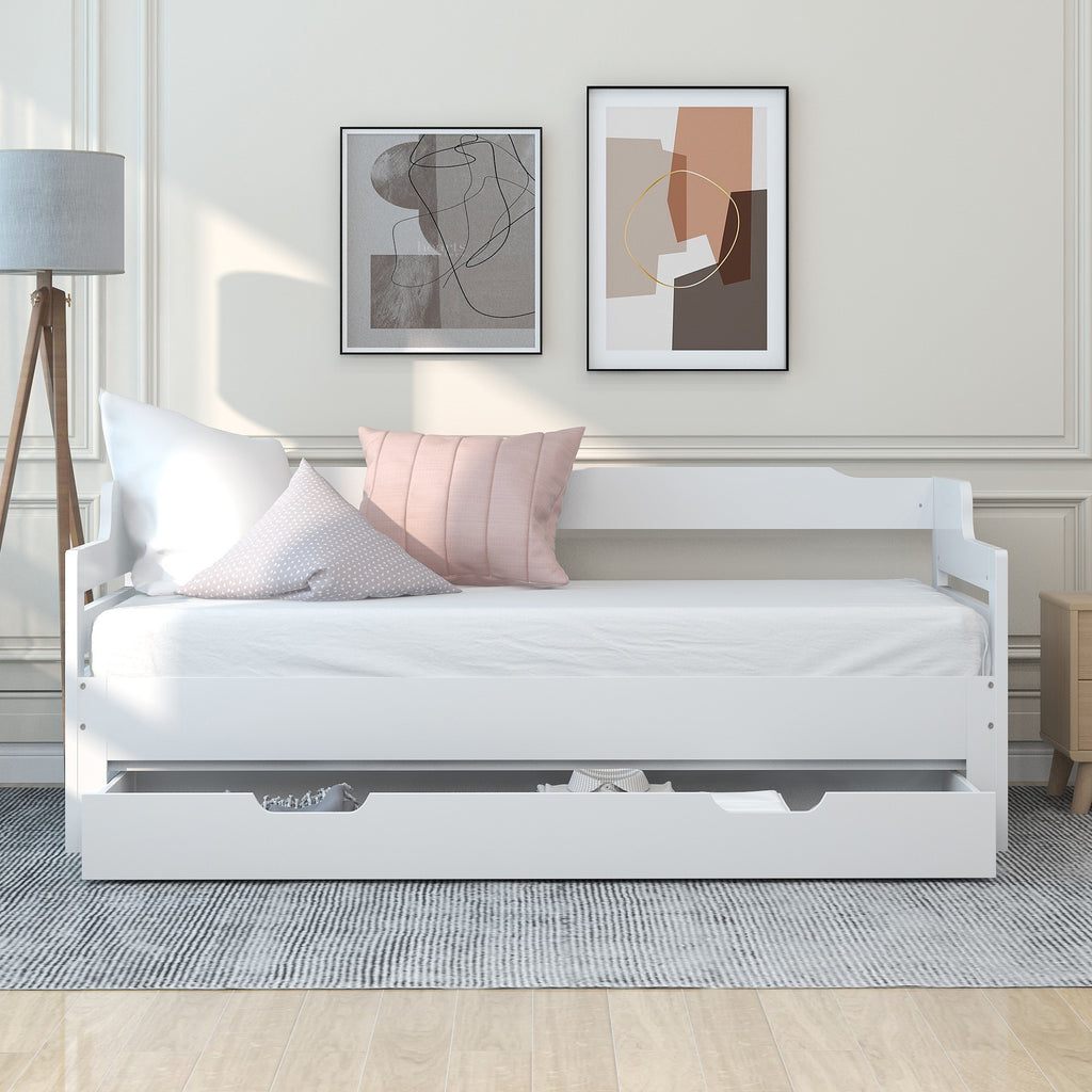 Daybed, Trundle and Drawer, Cabin Bed, SIngle Guest Bed Sofa Bed, Pull out Trundle and Storage Drawer for Living Room and Bedroom -  (3') 90 x190 cm - White
