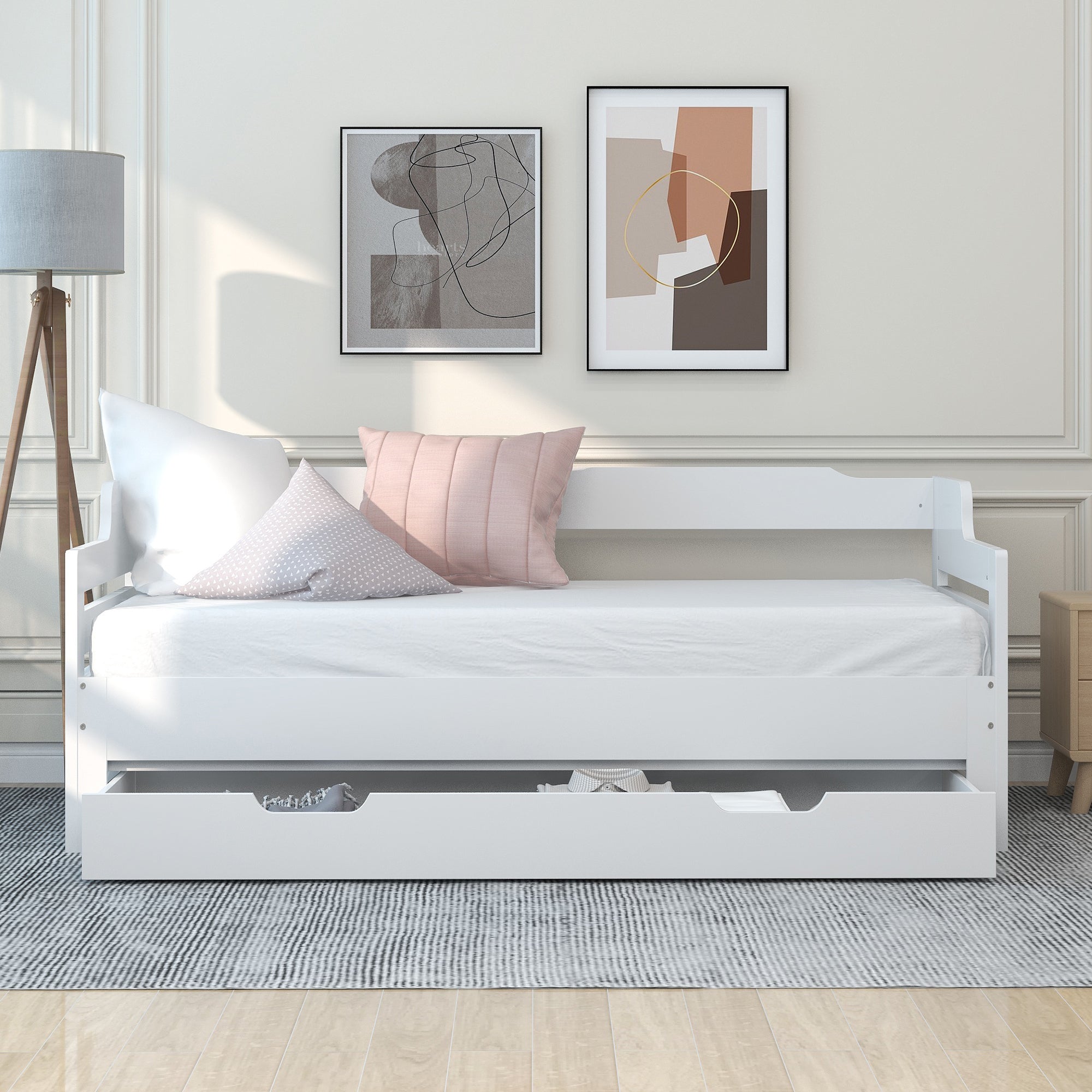Daybed, Trundle and Drawer, Cabin Bed, SIngle Guest Bed Sofa Bed, Pull out Trundle and Storage Drawer for Living Room and Bedroom -  (3') 90 x190 cm - White
