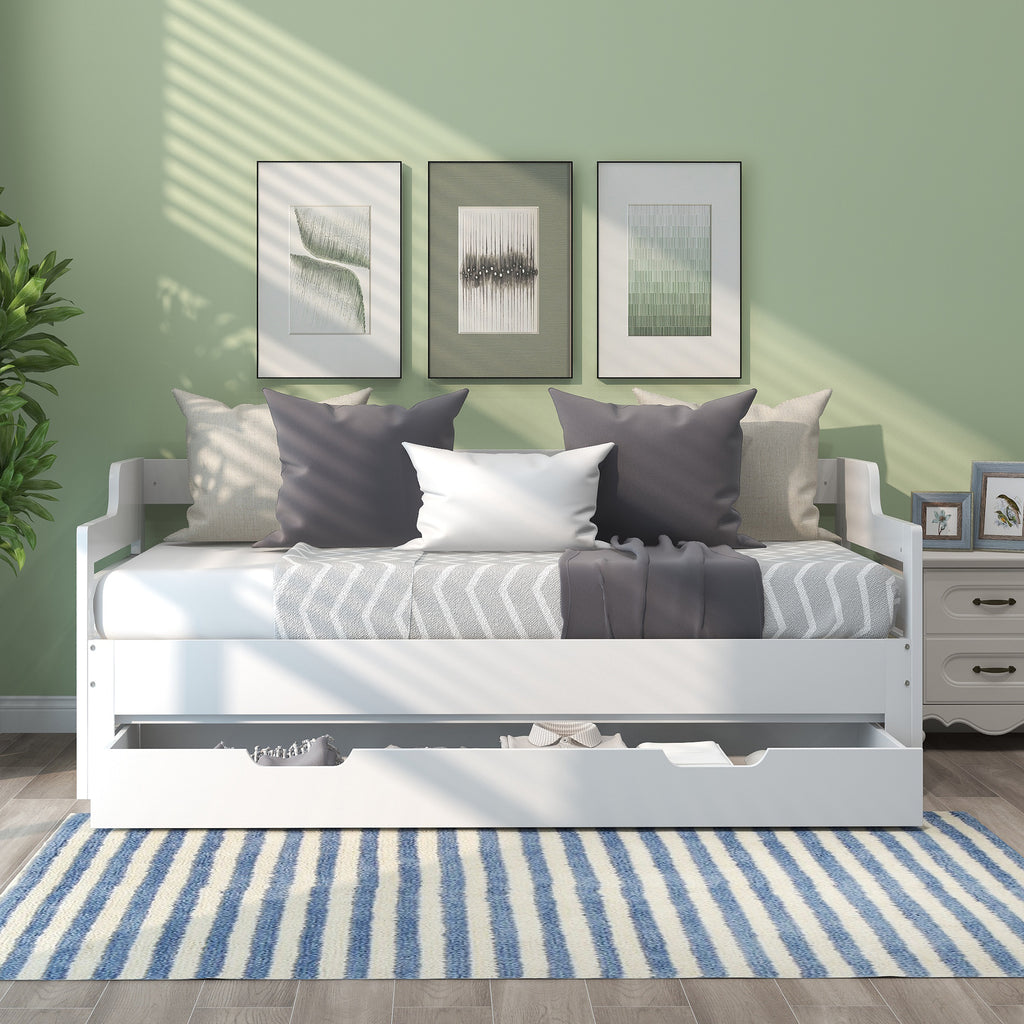 Daybed, Trundle and Drawer, Cabin Bed, SIngle Guest Bed Sofa Bed, Pull out Trundle and Storage Drawer for Living Room and Bedroom -  (3') 90 x190 cm - White