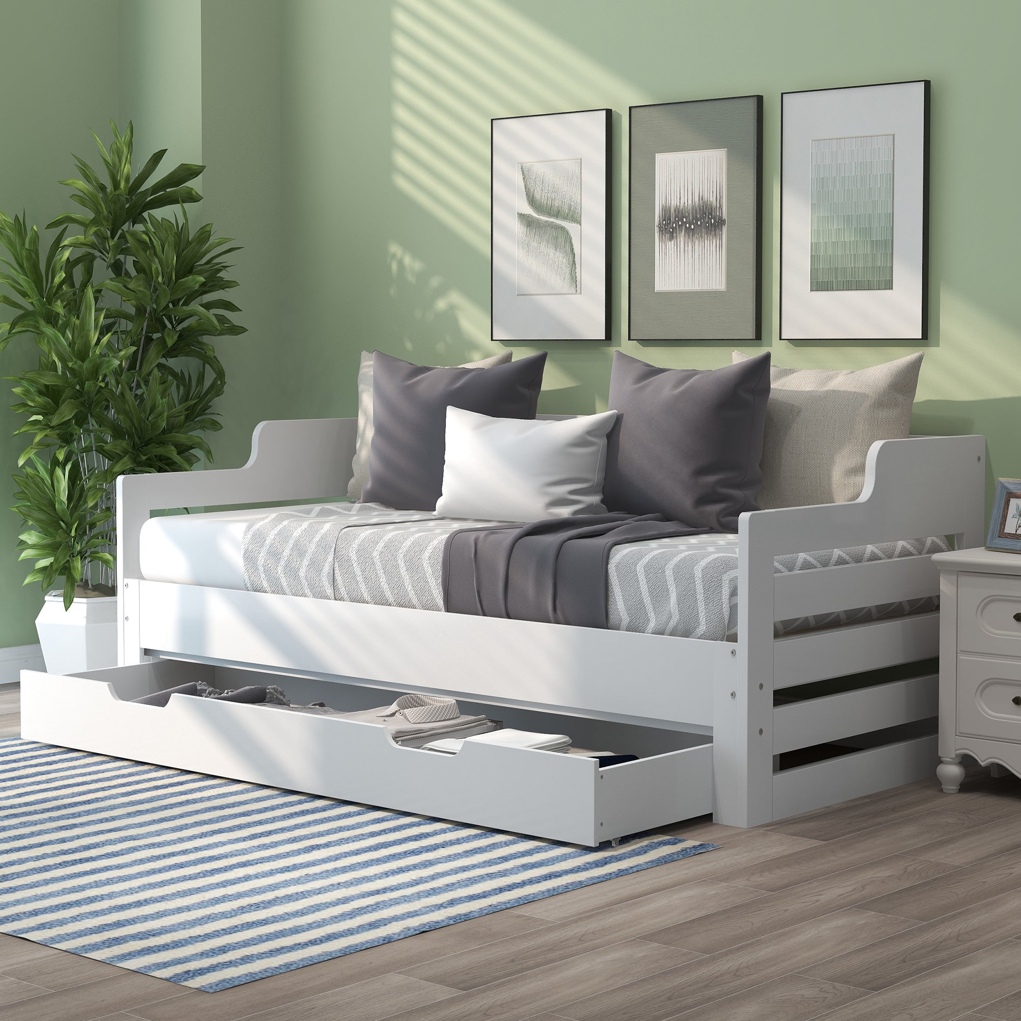Daybed, Trundle and Drawer, Cabin Bed, SIngle Guest Bed Sofa Bed, Pull out Trundle and Storage Drawer for Living Room and Bedroom -  (3') 90 x190 cm - White