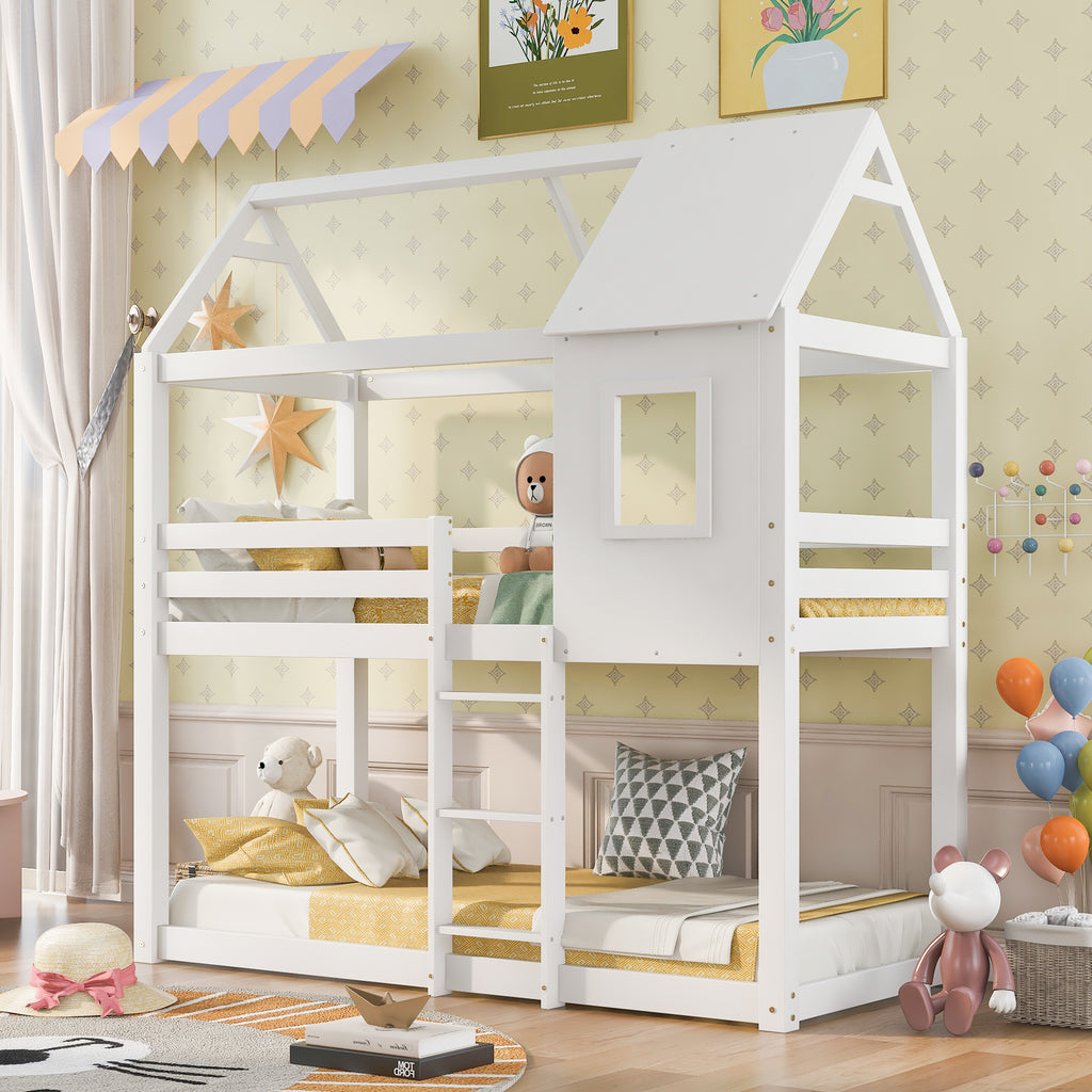 [NEW] Bunk Bed, Children Cabin Bed, Single Bed for Kids, Twin Sleeper, Solid Pine Wood,3FT -White