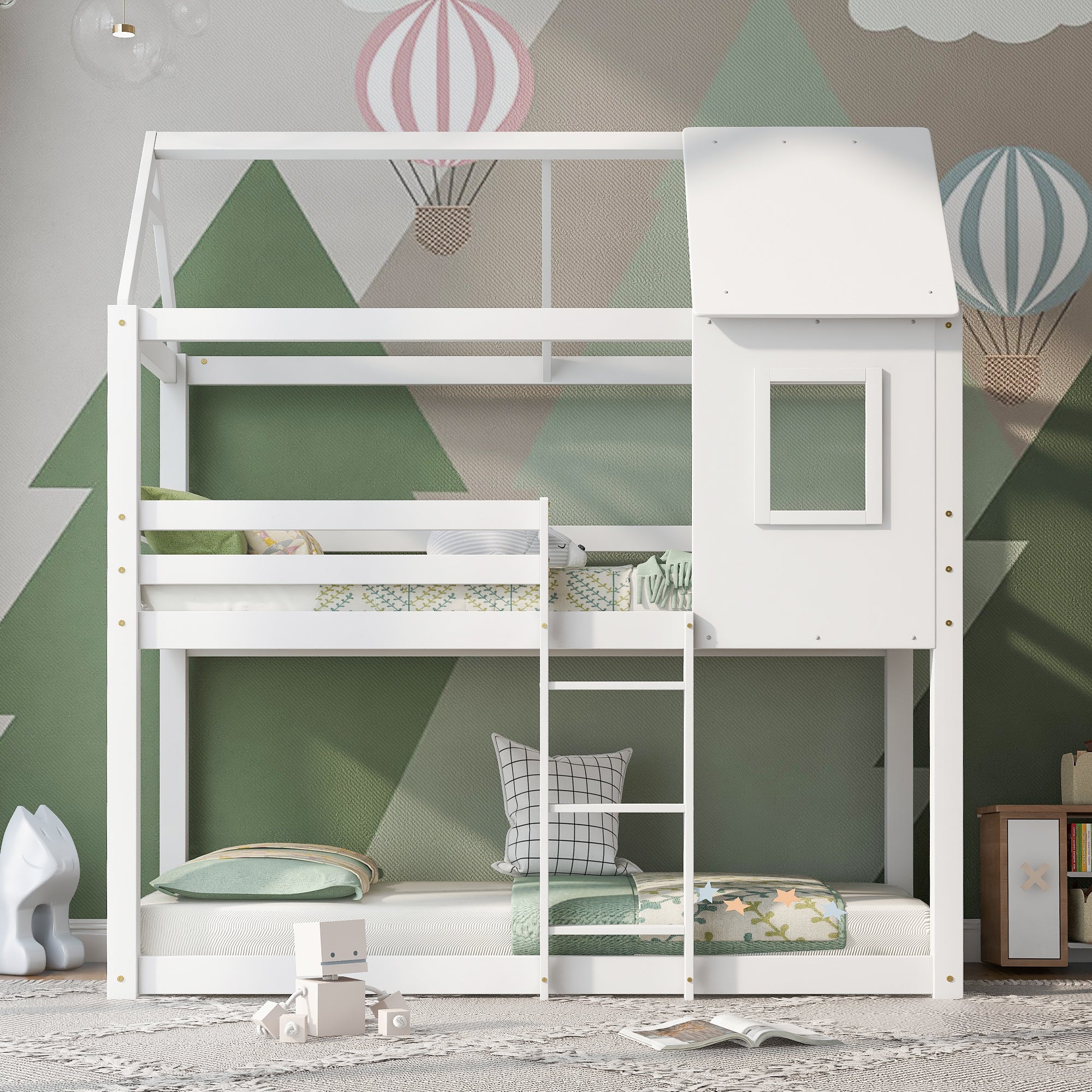 [NEW] Bunk Bed, Children Cabin Bed, Single Bed for Kids, Twin Sleeper, Solid Pine Wood,3FT -White