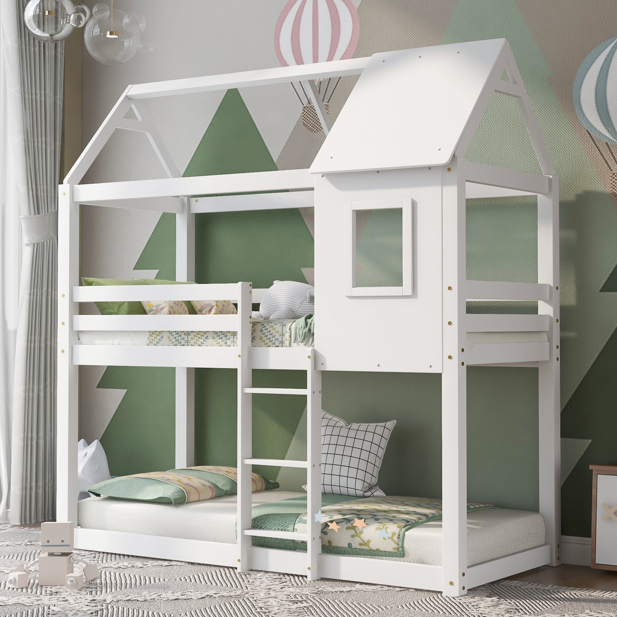 [NEW] Bunk Bed, Children Cabin Bed, Single Bed for Kids, Twin Sleeper, Solid Pine Wood,3FT -White