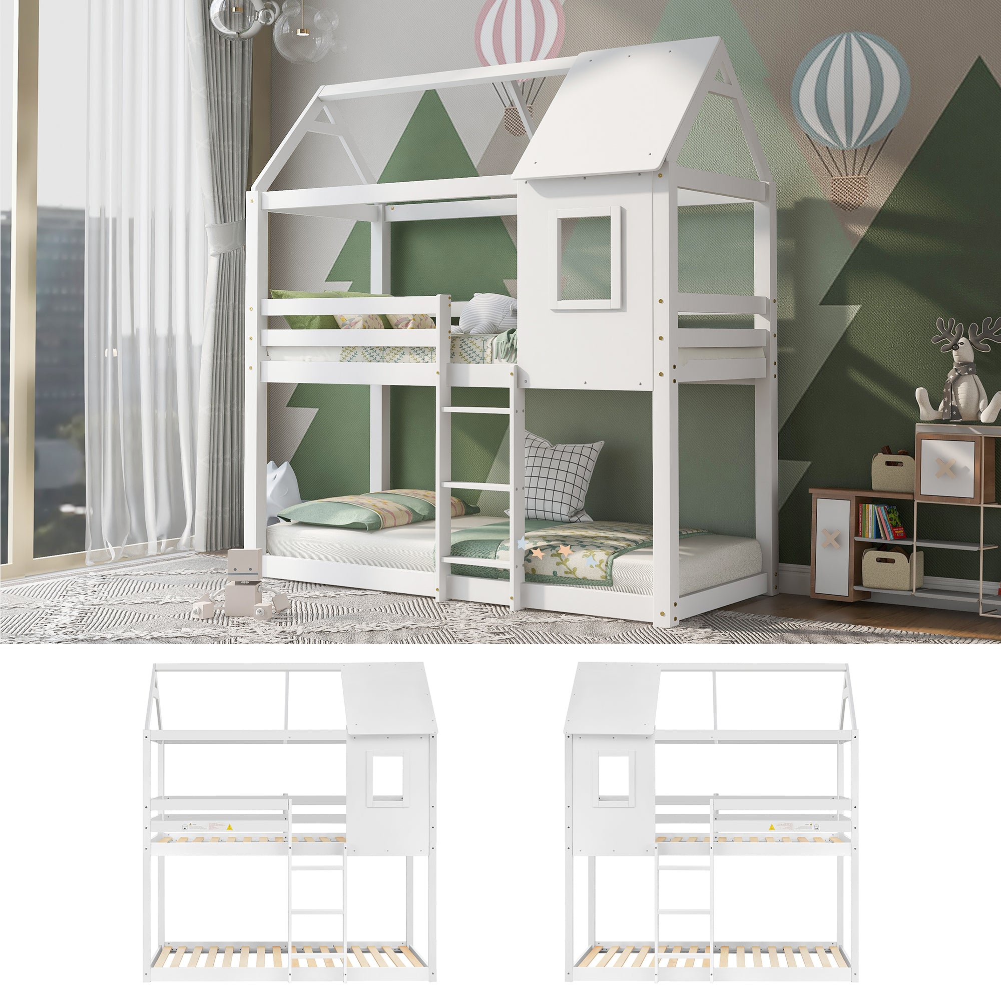 [NEW] Bunk Bed, Children Cabin Bed, Single Bed for Kids, Twin Sleeper, Solid Pine Wood,3FT -White