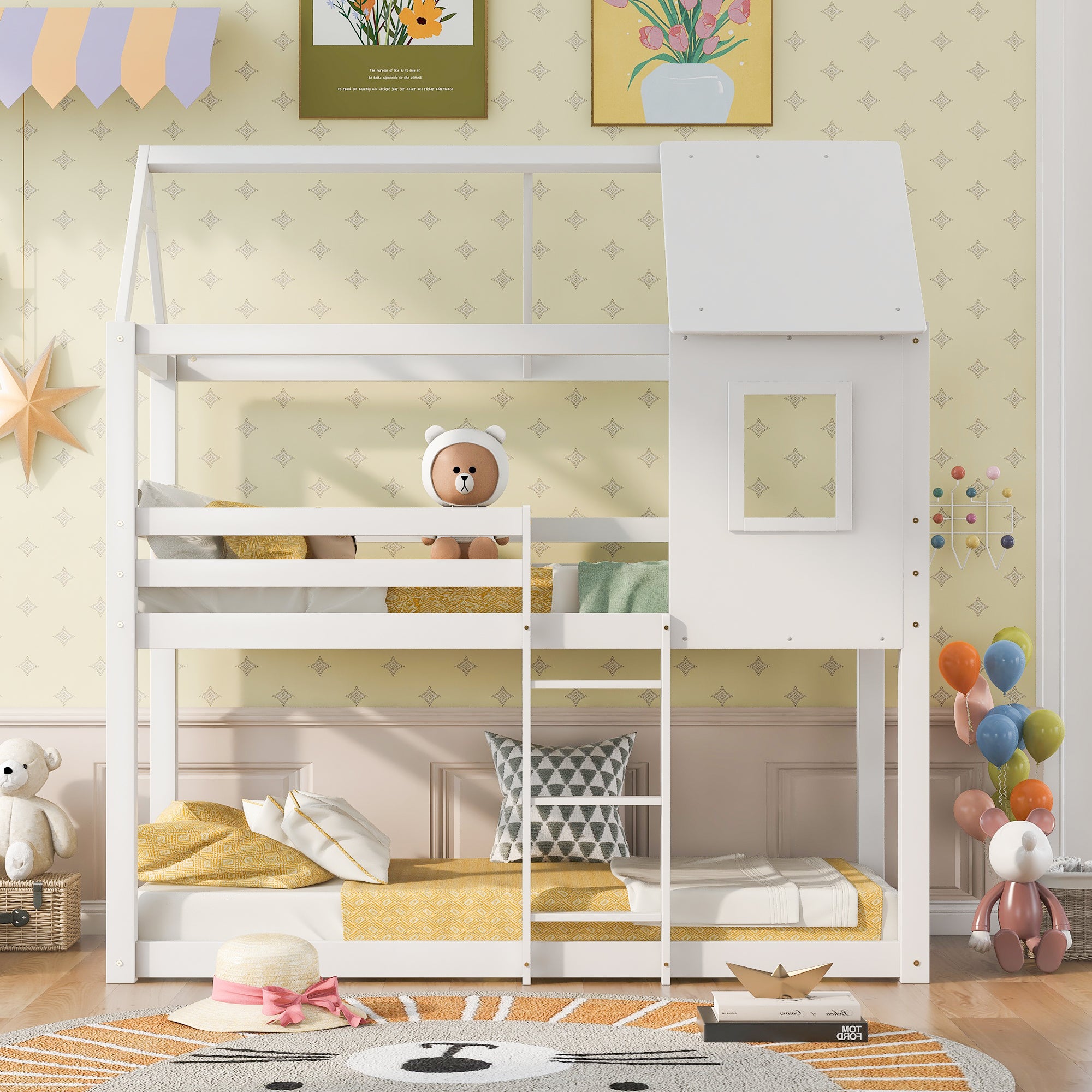 [NEW] Bunk Bed, Children Cabin Bed, Single Bed for Kids, Twin Sleeper, Solid Pine Wood,3FT -White