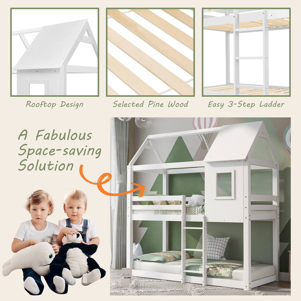 [NEW] Bunk Bed, Children Cabin Bed, Single Bed for Kids, Twin Sleeper, Solid Pine Wood,3FT -White