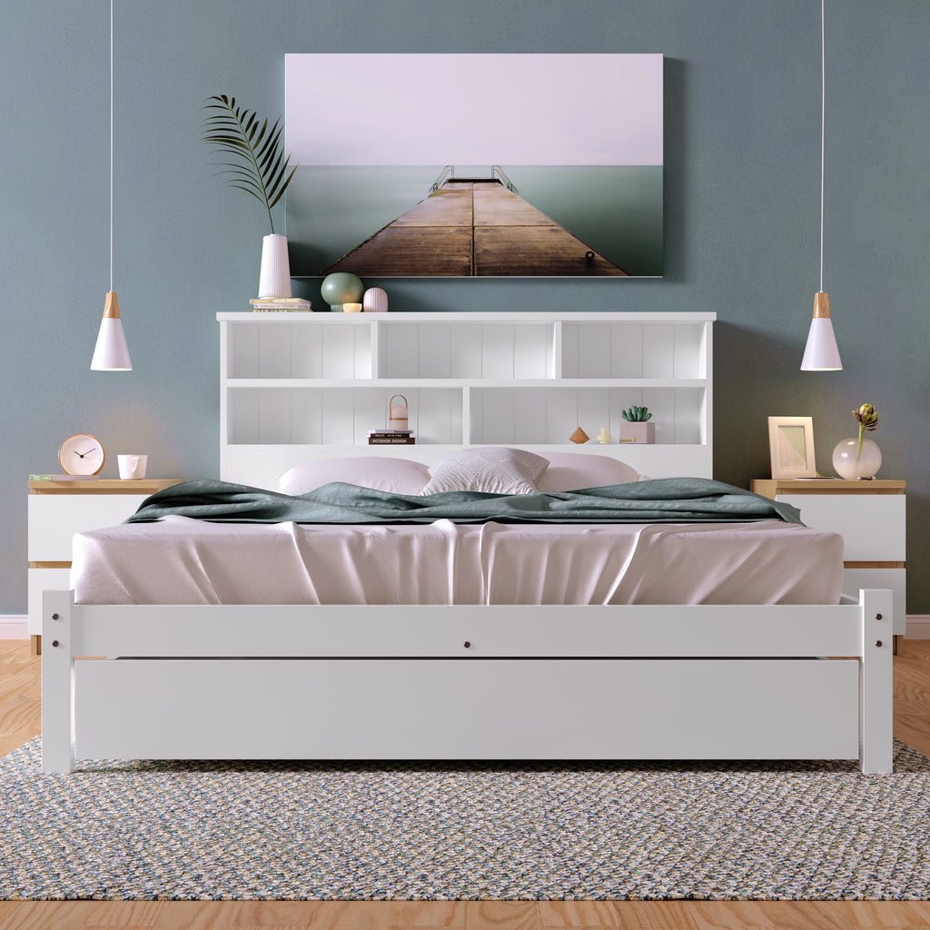 (=TT20008990W) Bed with Shelves, White Wooden Storage Bed, Underbed Drawer - 4ft6 Double (135 x 190 cm)