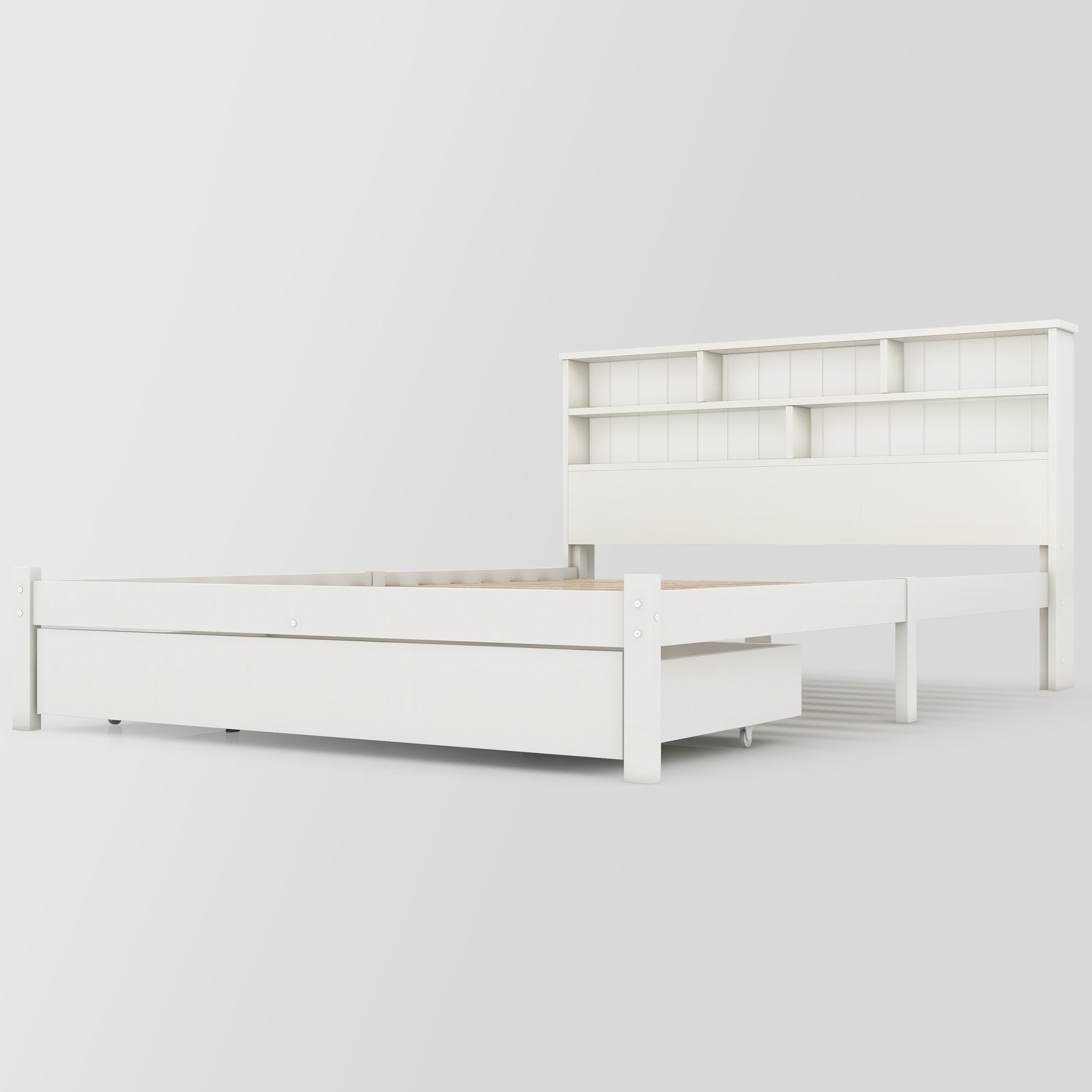 (=TT20008990W) Bed with Shelves, White Wooden Storage Bed, Underbed Drawer - 4ft6 Double (135 x 190 cm)