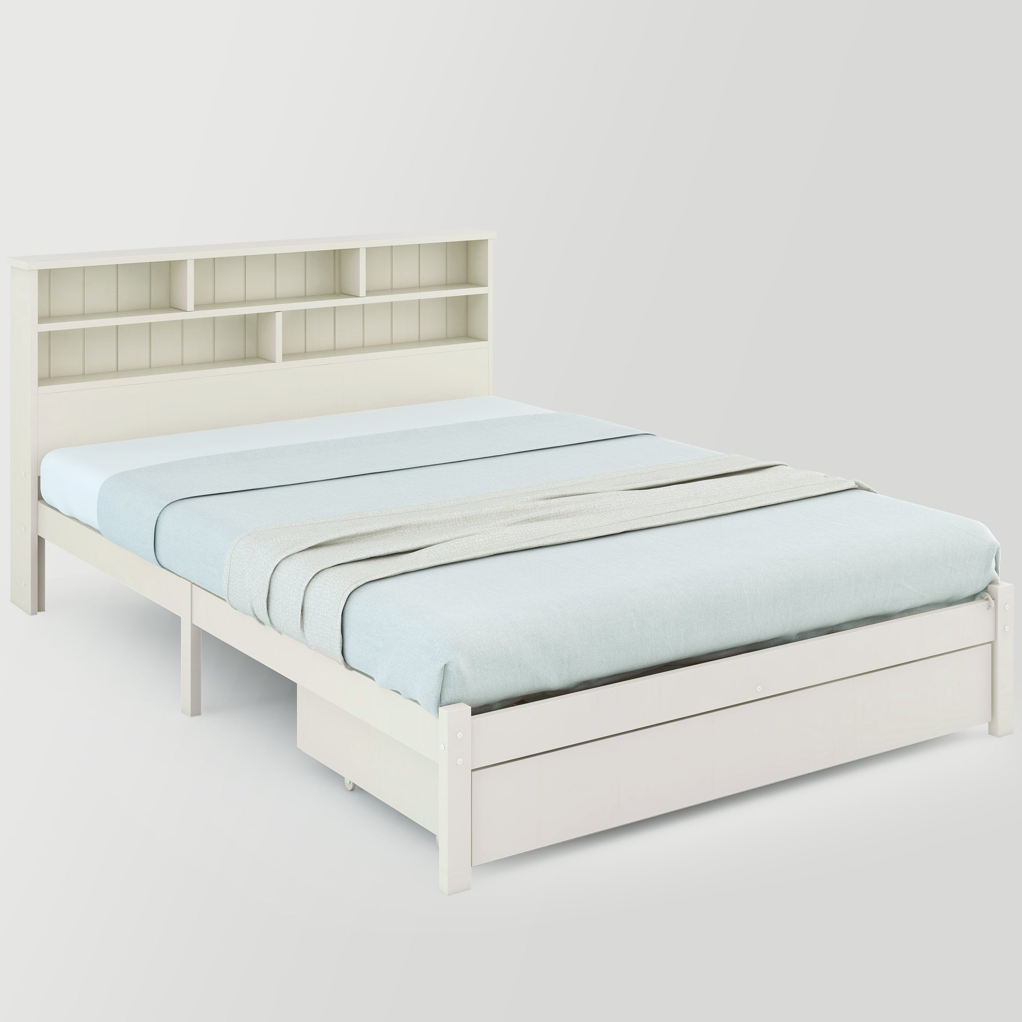 (=TT20008990W) Bed with Shelves, White Wooden Storage Bed, Underbed Drawer - 4ft6 Double (135 x 190 cm)