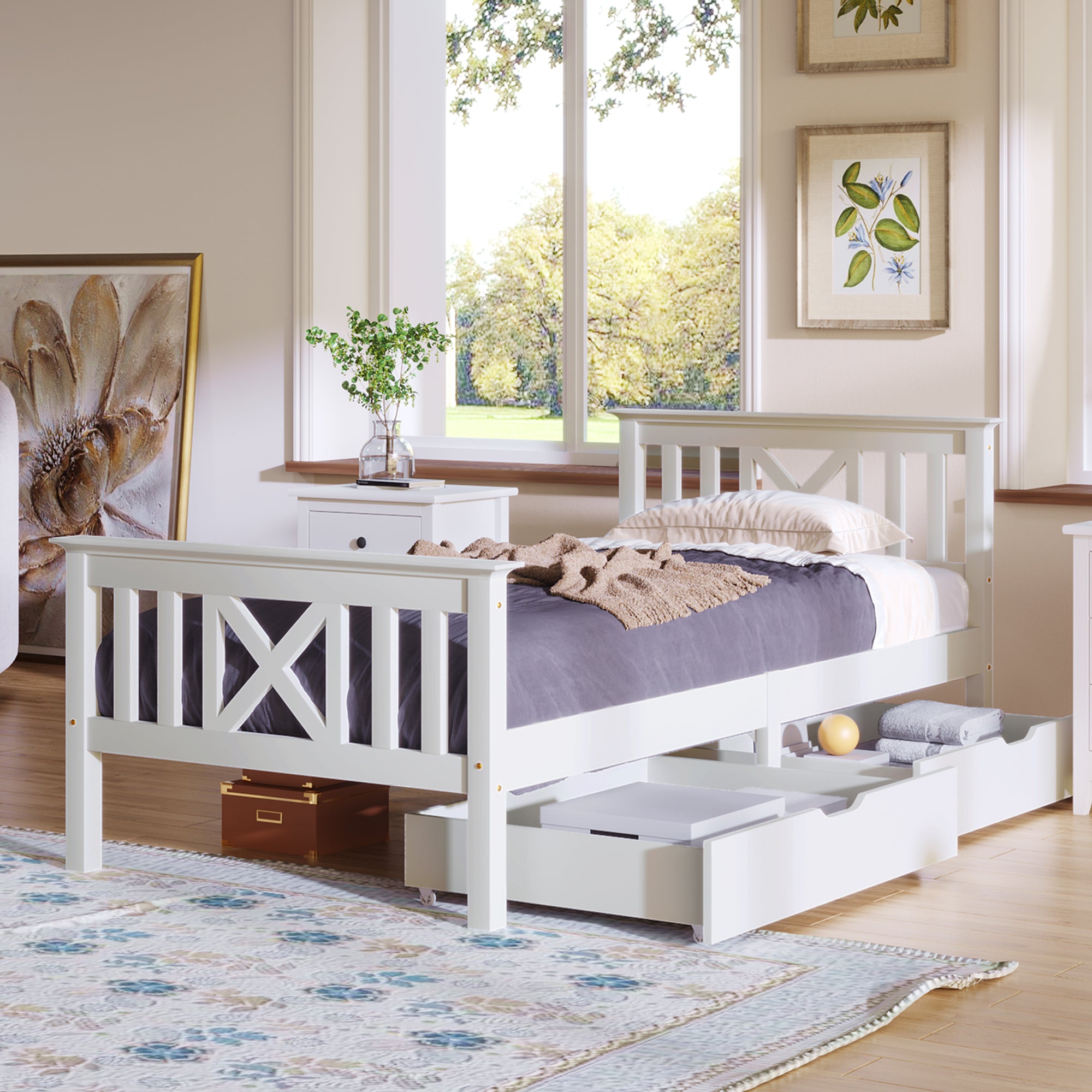 Wooden Bed Frame with Drawers Single Storage Bed Solid Pine Wood,3FT Guest Bed For Adults, Kids, Teenagers (White 90x190cm)