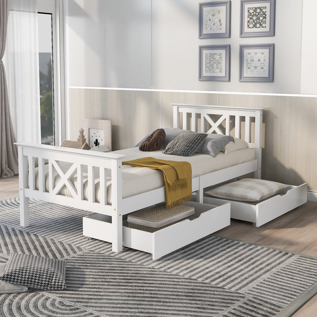 Wooden Bed Frame with Drawers Single Storage Bed Solid Pine Wood,3FT Guest Bed For Adults, Kids, Teenagers (White 90x190cm)