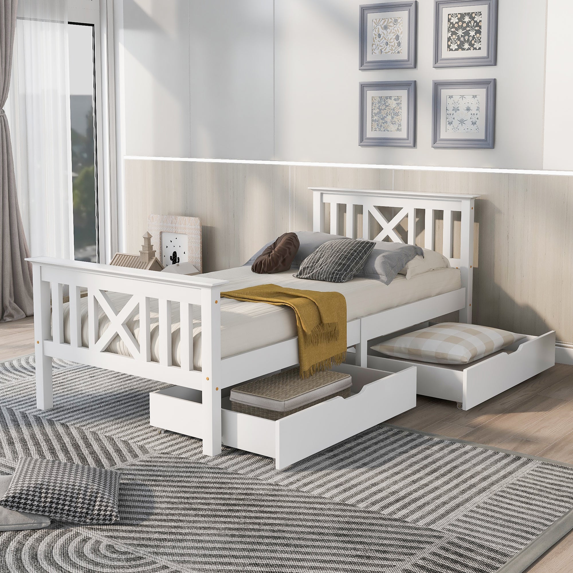 Wooden Bed Frame with Drawers Single Storage Bed Solid Pine Wood,3FT Guest Bed For Adults, Kids, Teenagers (White 90x190cm)