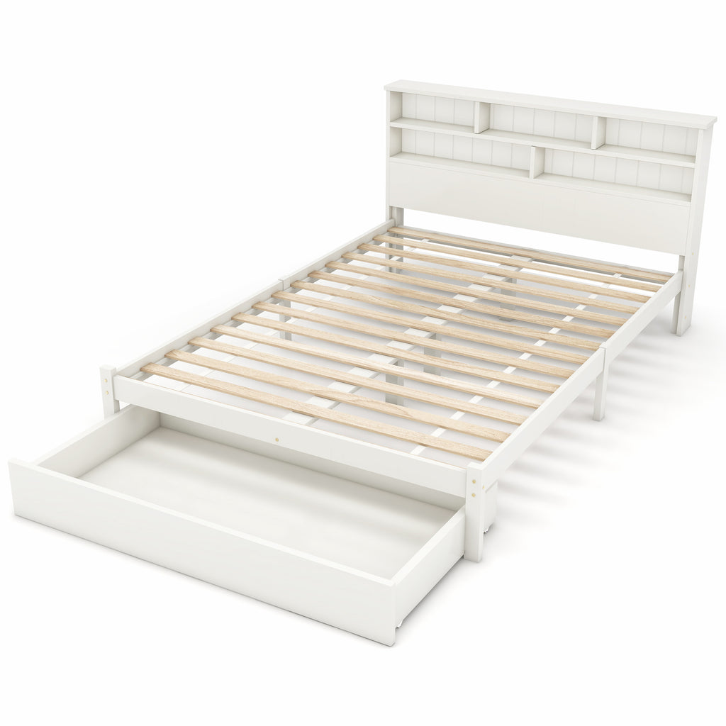 (=TT20008990W) Bed with Shelves, White Wooden Storage Bed, Underbed Drawer - 4ft6 Double (135 x 190 cm)