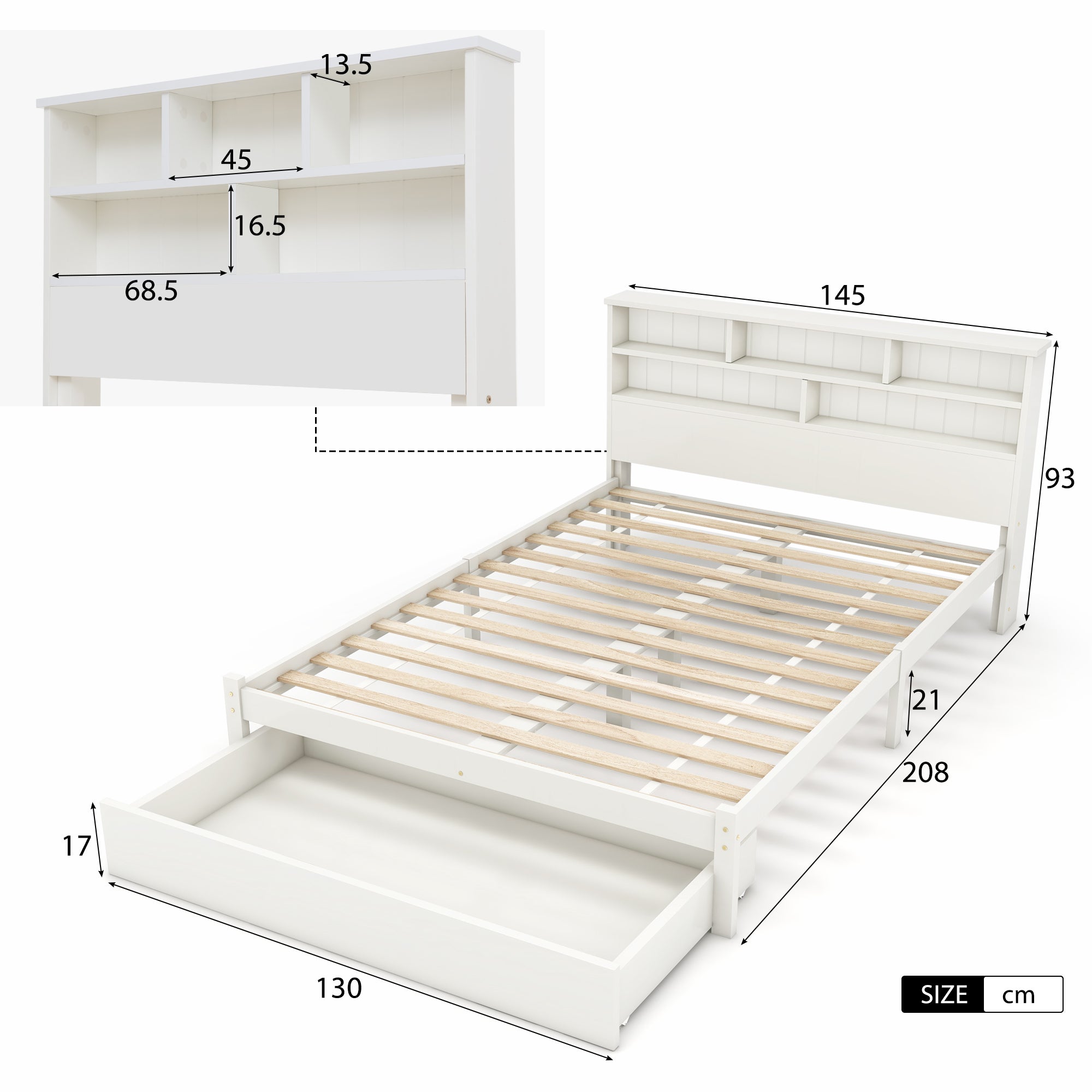 (=TT20008990W) Bed with Shelves, White Wooden Storage Bed, Underbed Drawer - 4ft6 Double (135 x 190 cm)