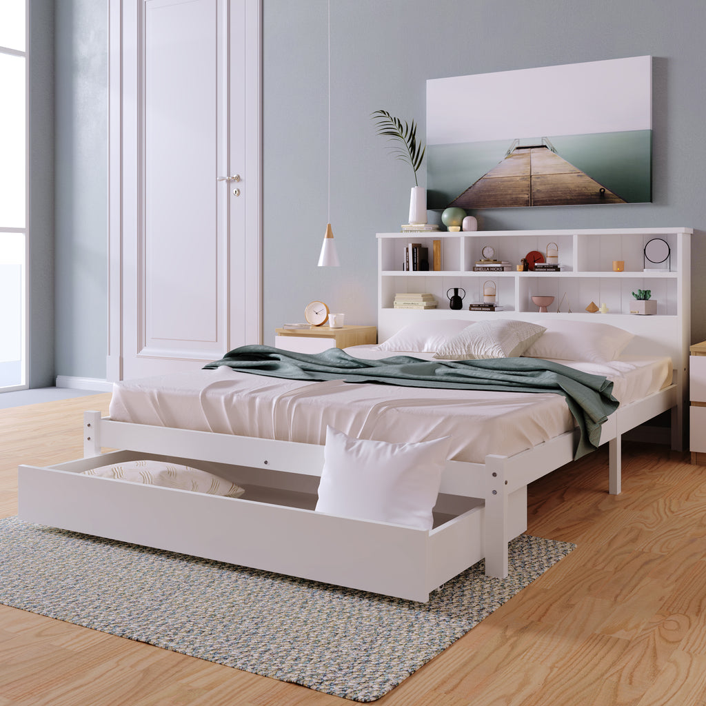 (=TT20008990W) Bed with Shelves, White Wooden Storage Bed, Underbed Drawer - 4ft6 Double (135 x 190 cm)
