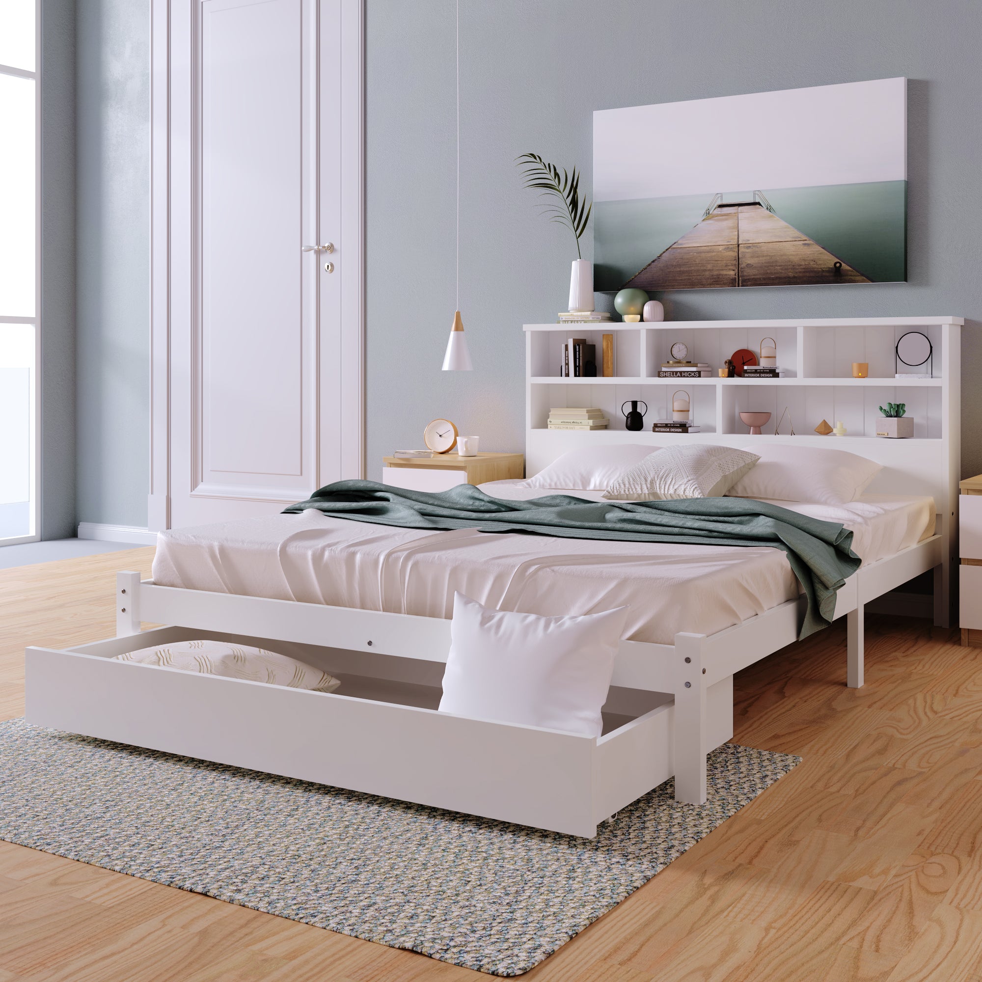 (=TT20008990W) Bed with Shelves, White Wooden Storage Bed, Underbed Drawer - 4ft6 Double (135 x 190 cm)