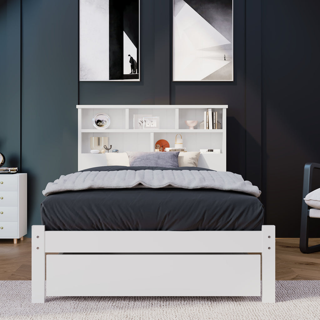 Bed with Shelves, White Wooden Storage Bed, Underbed Drawer - 3FT Single (90 x 190 cm) Frame Only