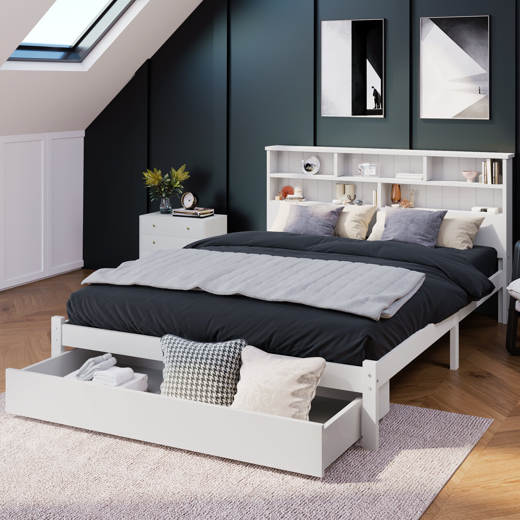 (=TT20008990W) Bed with Shelves, White Wooden Storage Bed, Underbed Drawer - 4ft6 Double (135 x 190 cm)